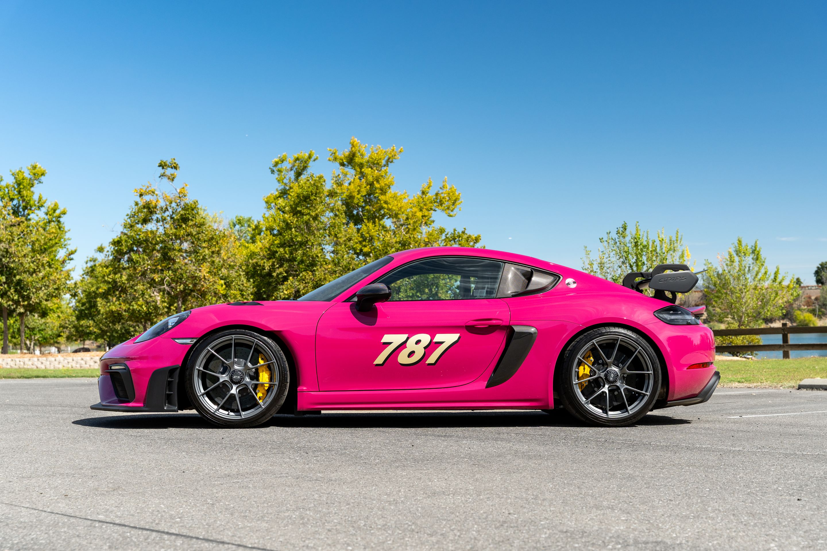 Pink Porsche 718 Cayman GT4 RS with 20" VS-5RS Apex wheels in Anthracite