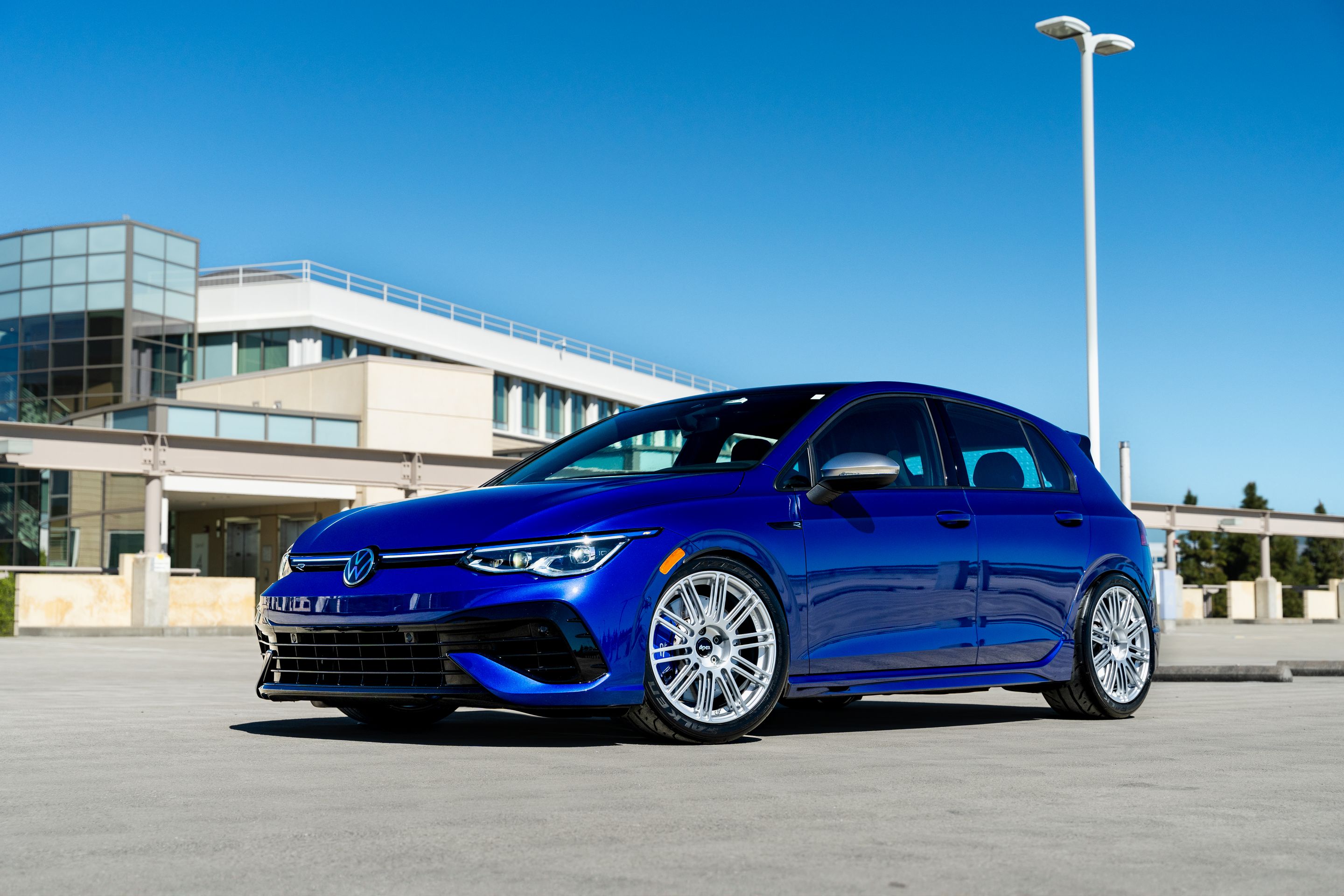 Blue VW MK8 Golf R with 18" TC-10RT Apex wheels in Race Silver