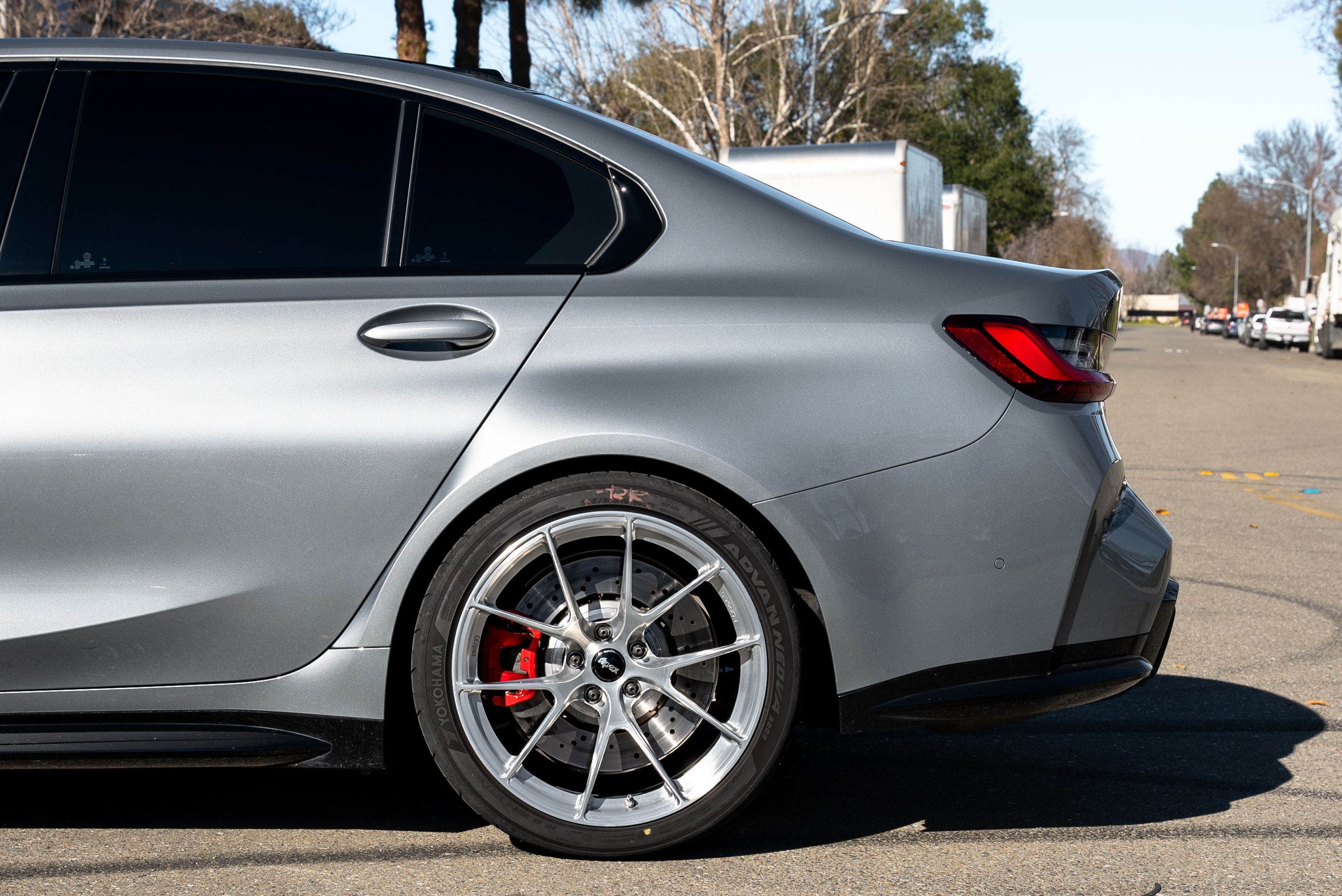 Silver BMW G80 M3 with 19" VS-5RS Apex wheels in Brushed Clear