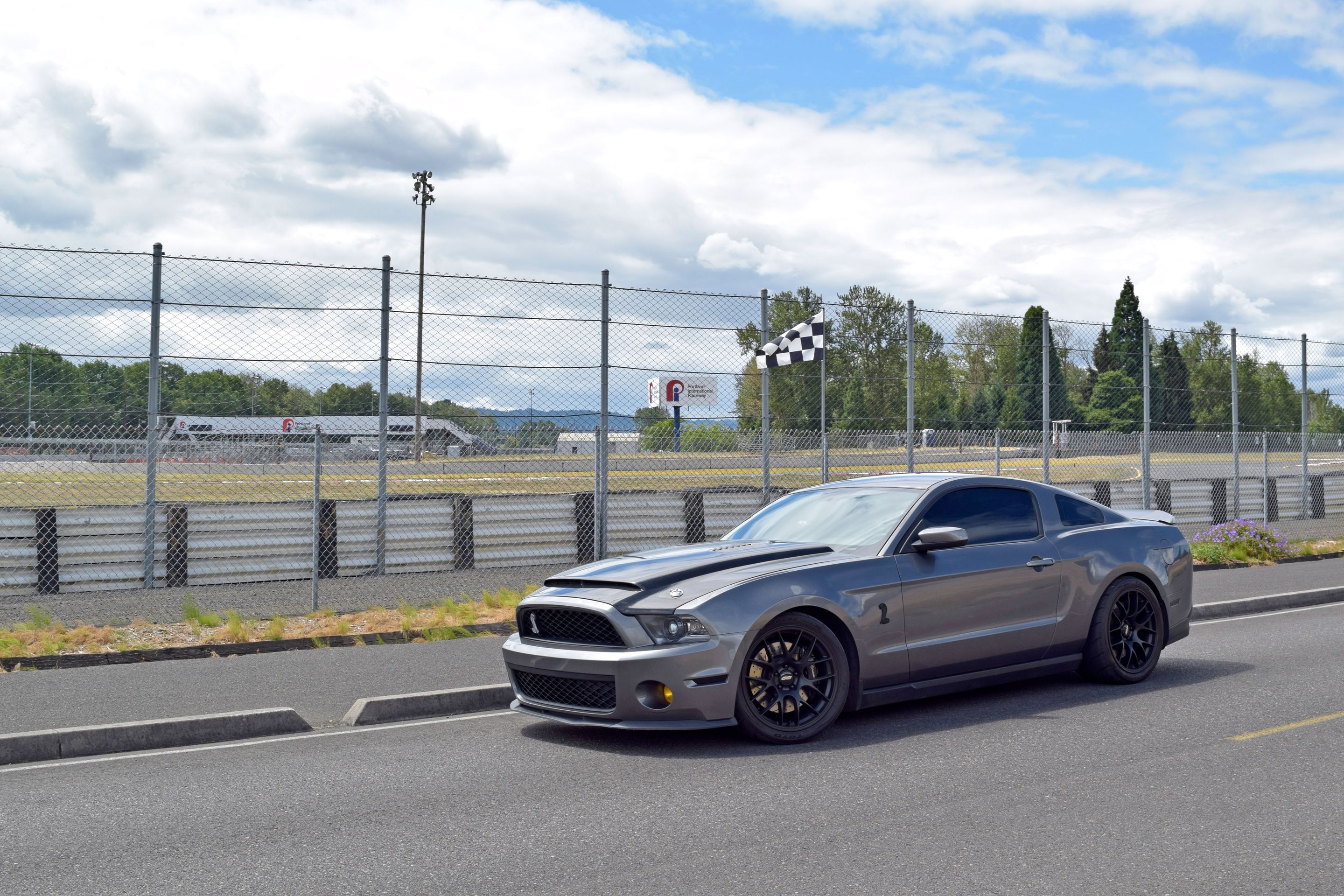 Grey Ford S197 Mustang GT500 with 19" EC-7 Apex wheels in Satin Black