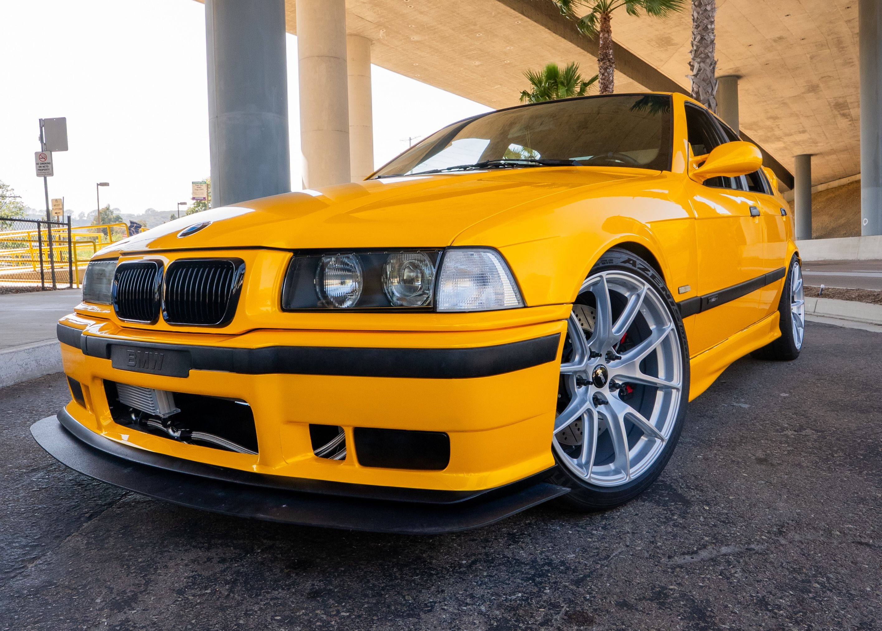 Yellow BMW E36 M3 with 18" VS-5 Apex wheels in Race Silver
