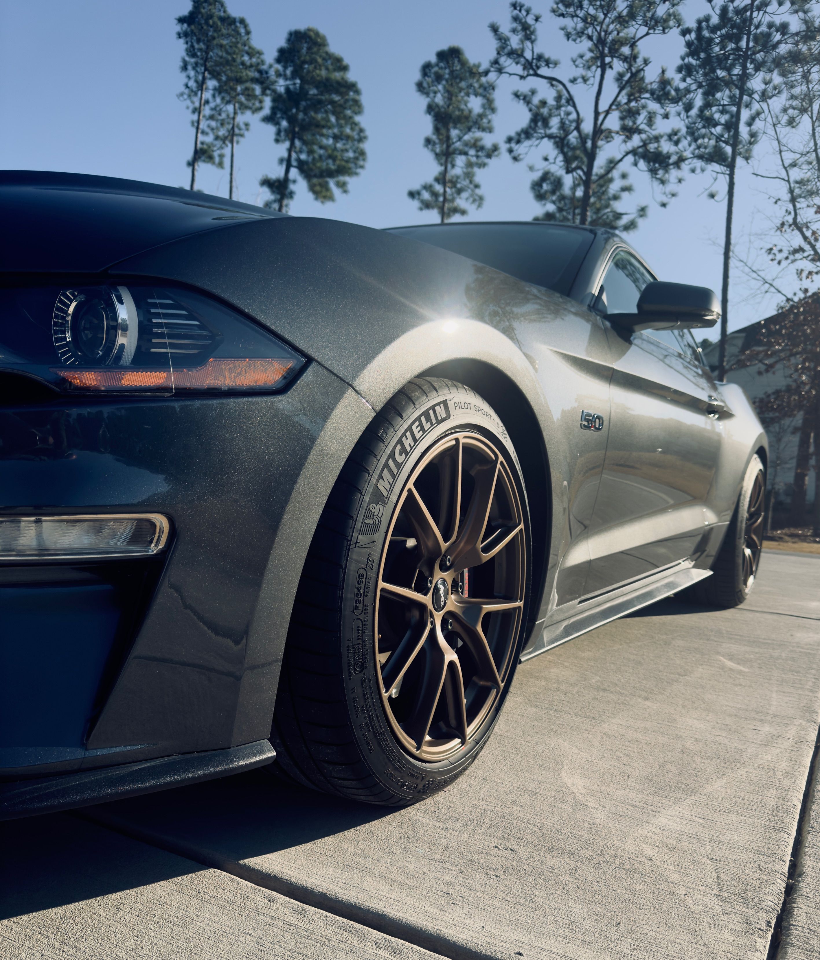 Grey Ford S550 Mustang GT with 19" VS-5 Apex wheels in Satin Bronze