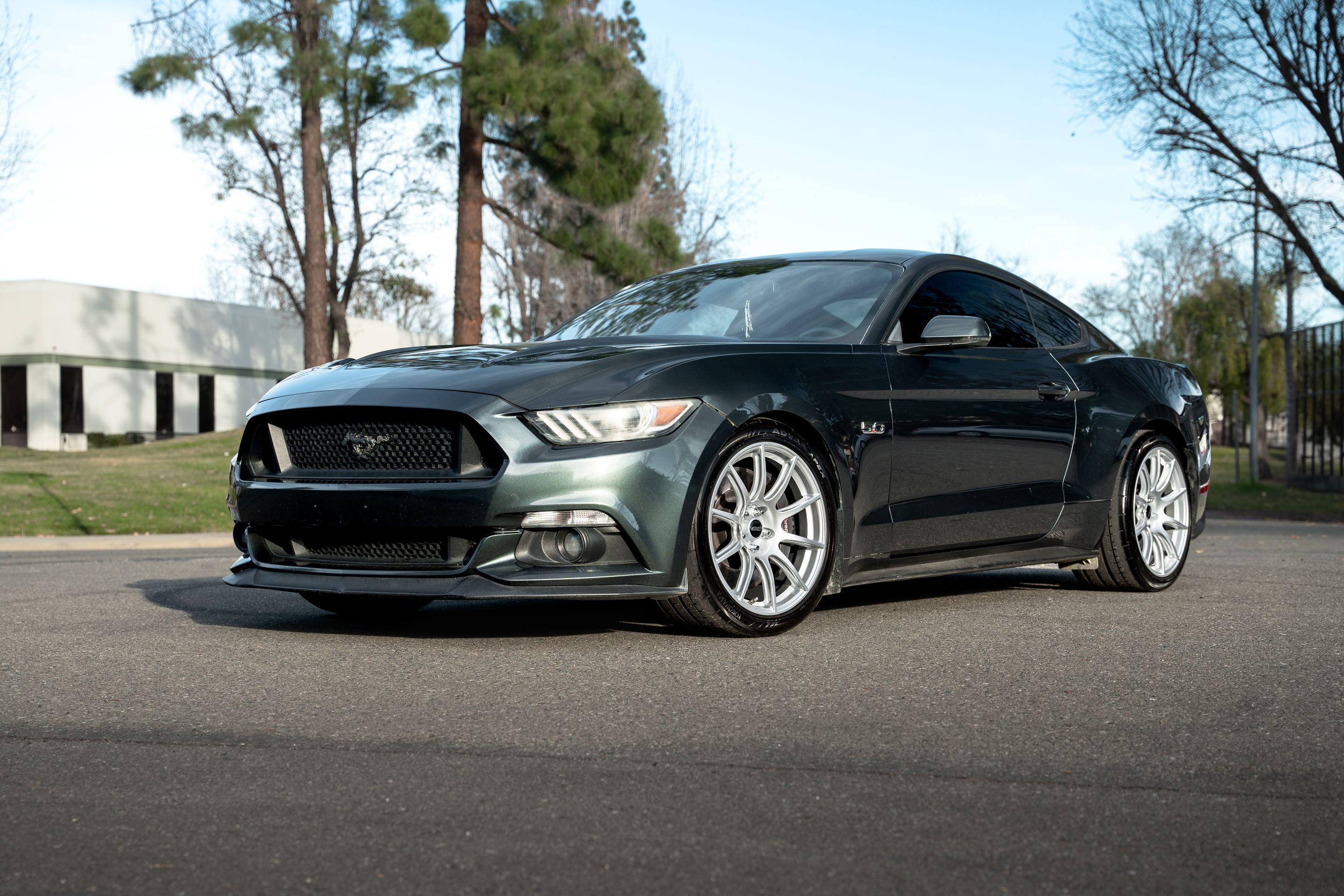 Green Ford S550 Mustang GT with 19" SM-10 Apex wheels in Race Silver