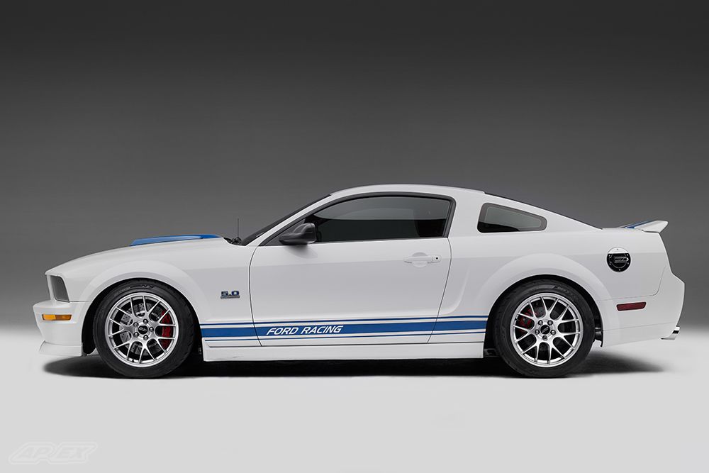 White Ford S197 Mustang GT with 18" EC-7 Apex wheels in Race Silver