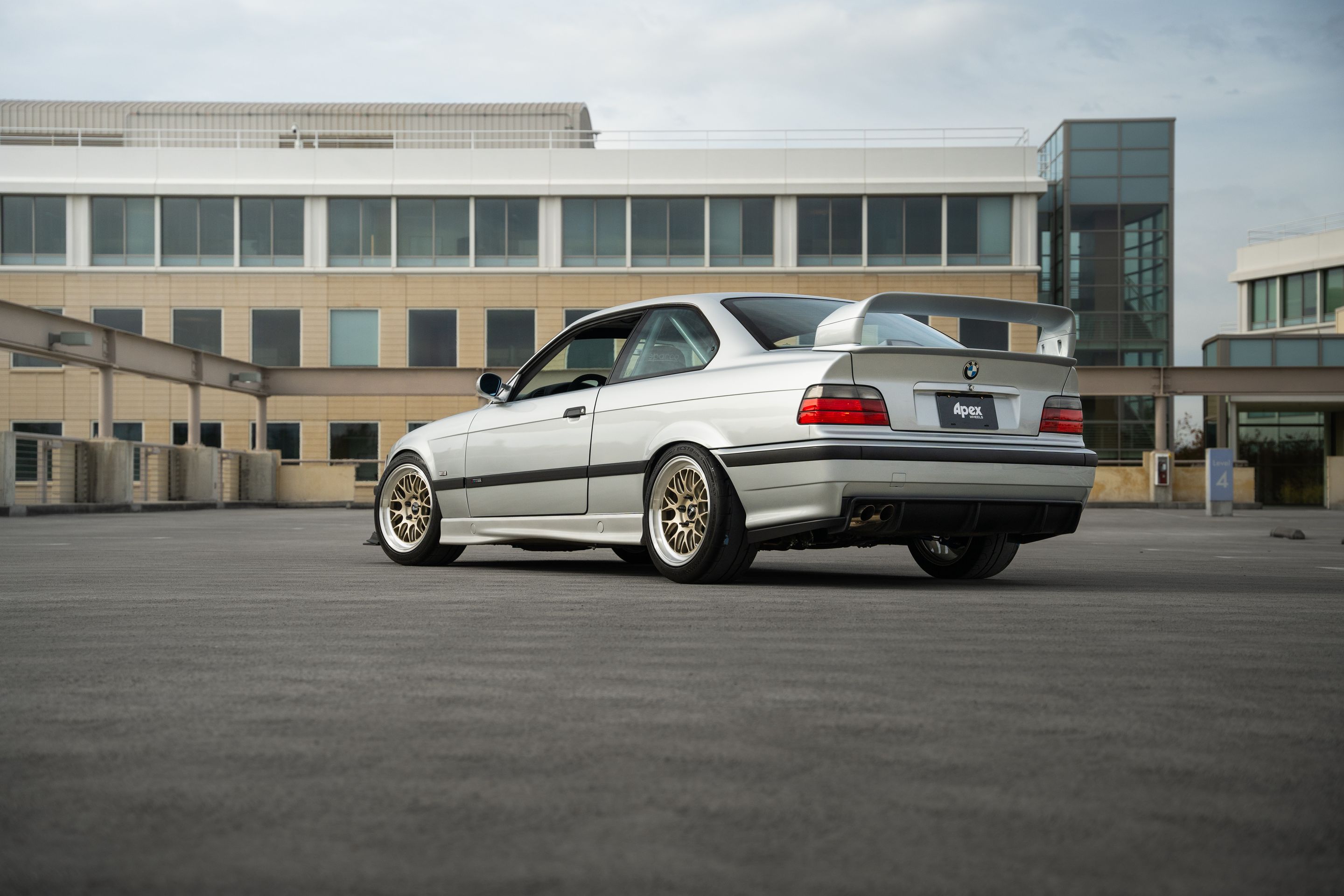 Silver BMW E36 3 Series with 17" ML-10RT Apex wheels in Machined Lip Gloss Motorsport Gold