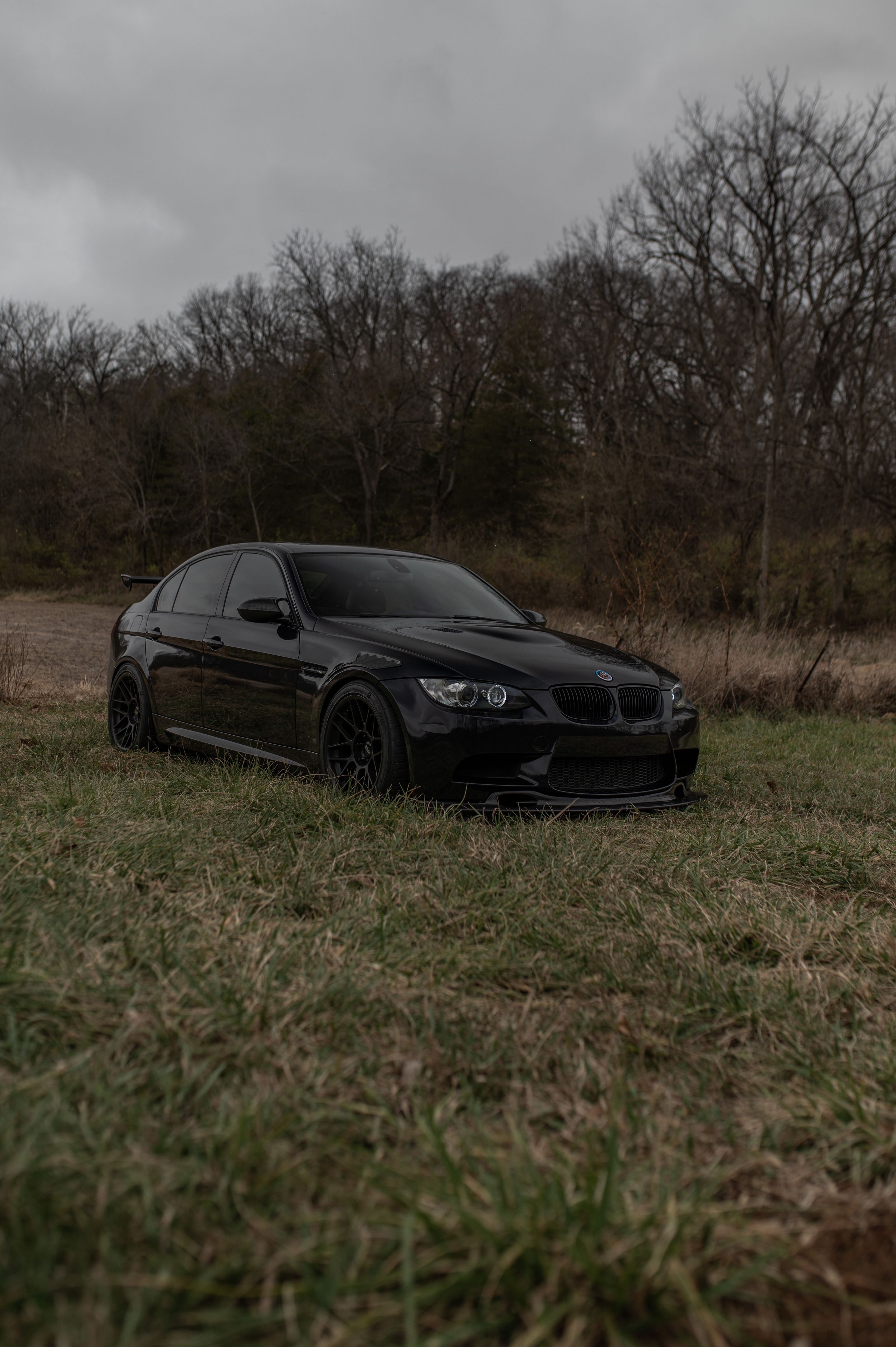 Black BMW E90 Sedan M3 with 18" ARC-8 Apex wheels in Satin Black