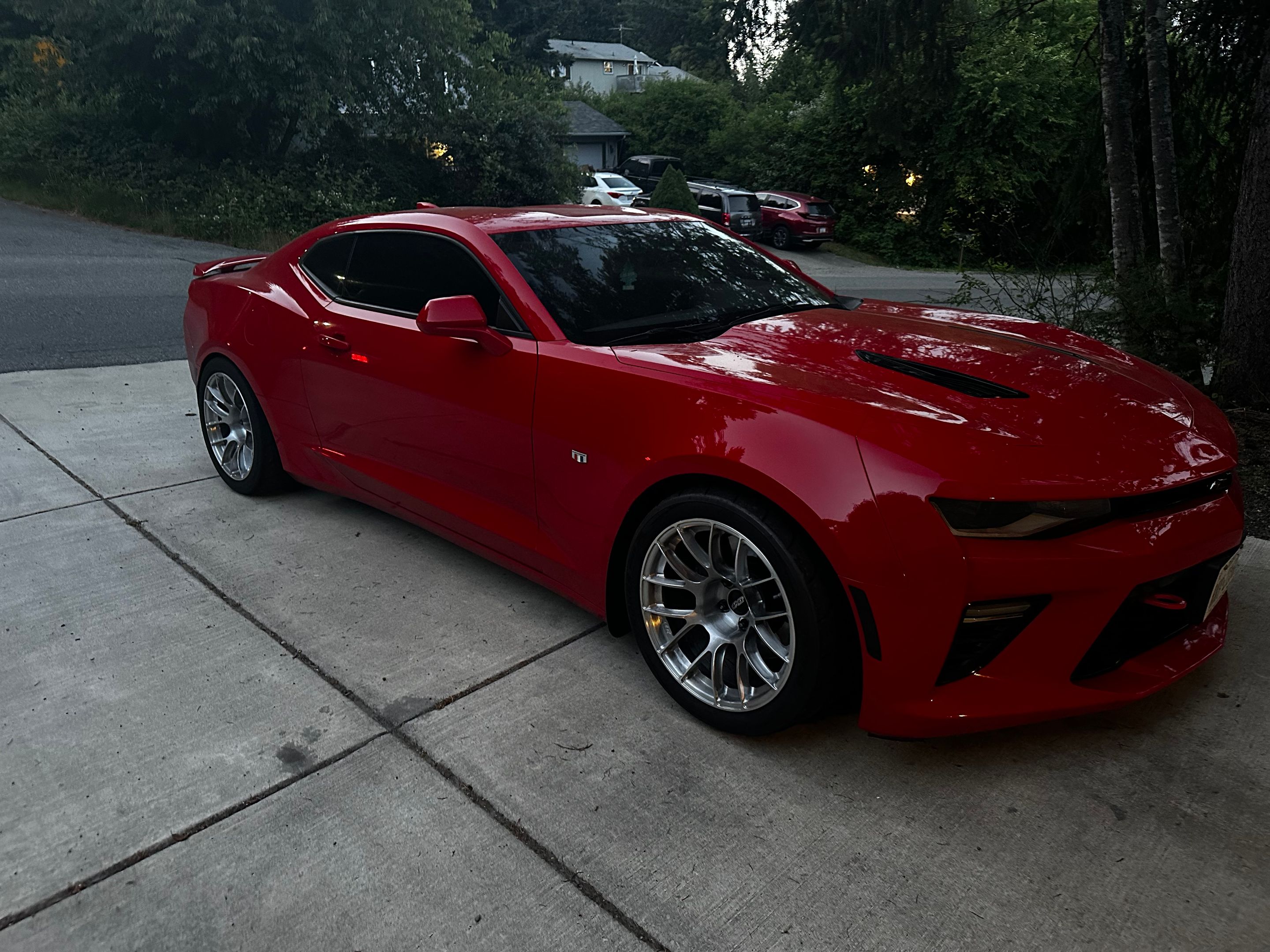 Red Chevrolet 6th Gen Camaro SS with 18" EC-7RS Apex wheels in Brushed Clear