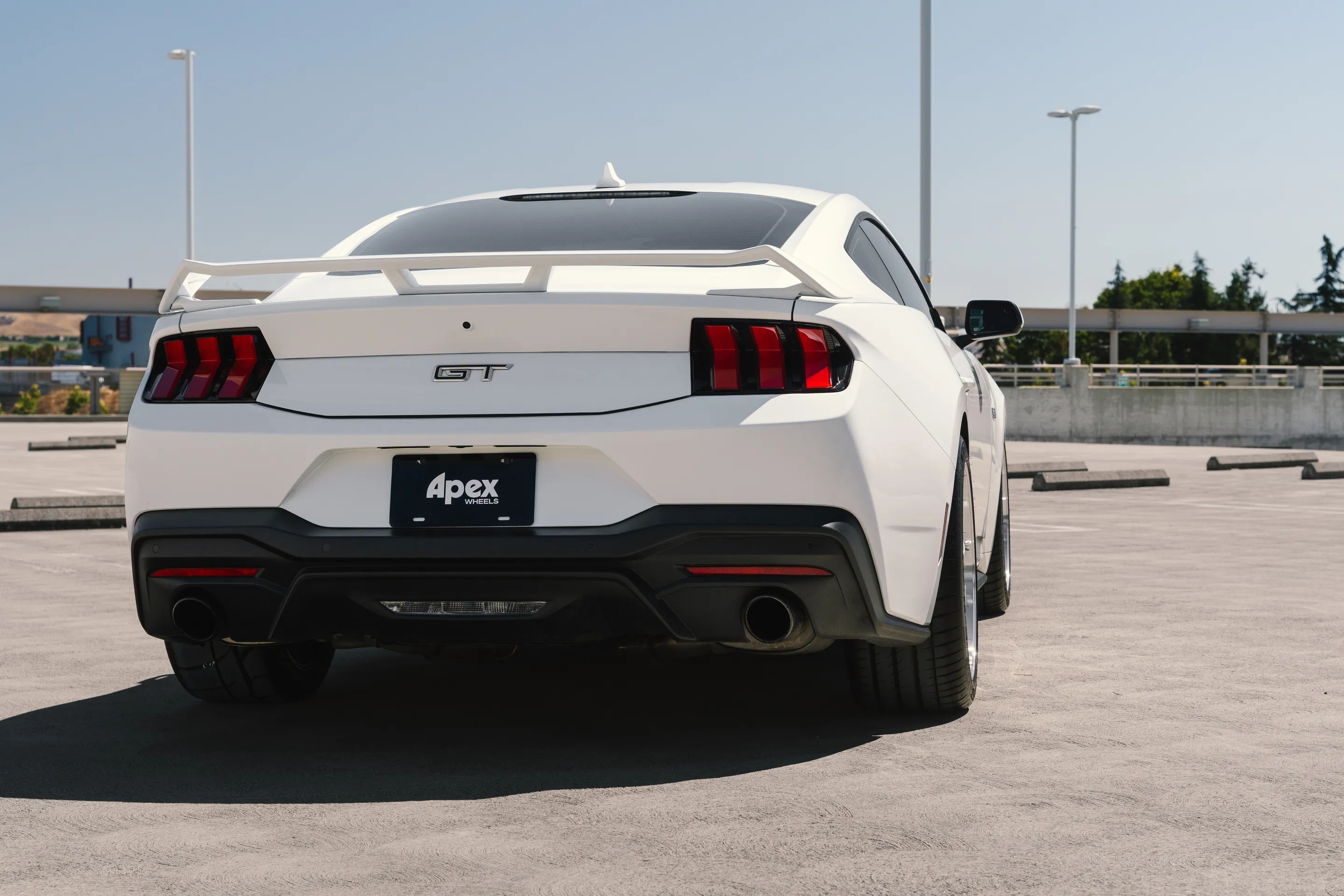 White Ford S650 Mustang GT with 19" ML-10RT Apex wheels in Machined Lip Brushed Clear