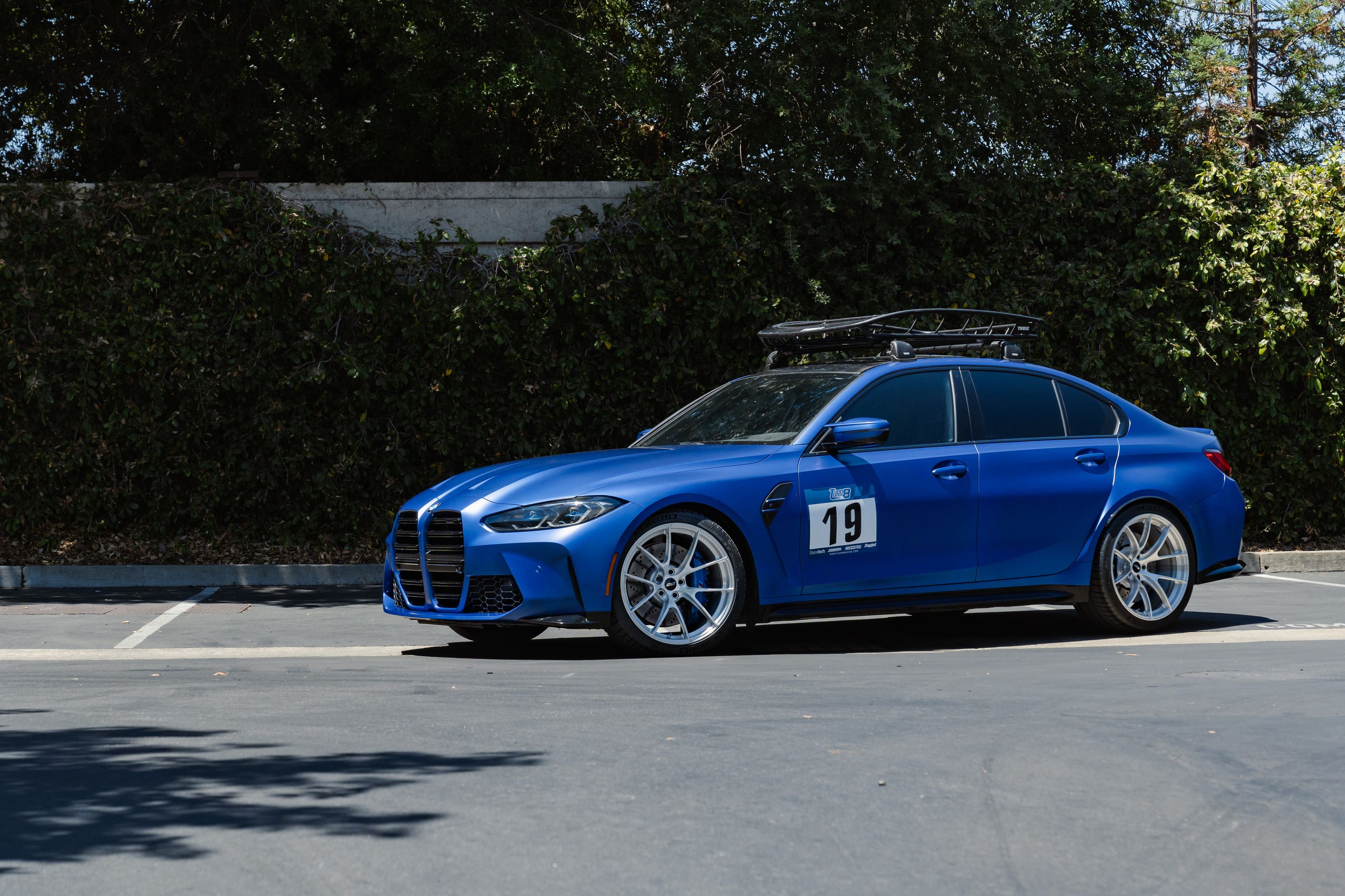 Blue BMW G80 M3 with 20" VS-5RS Apex wheels in Brushed Clear
