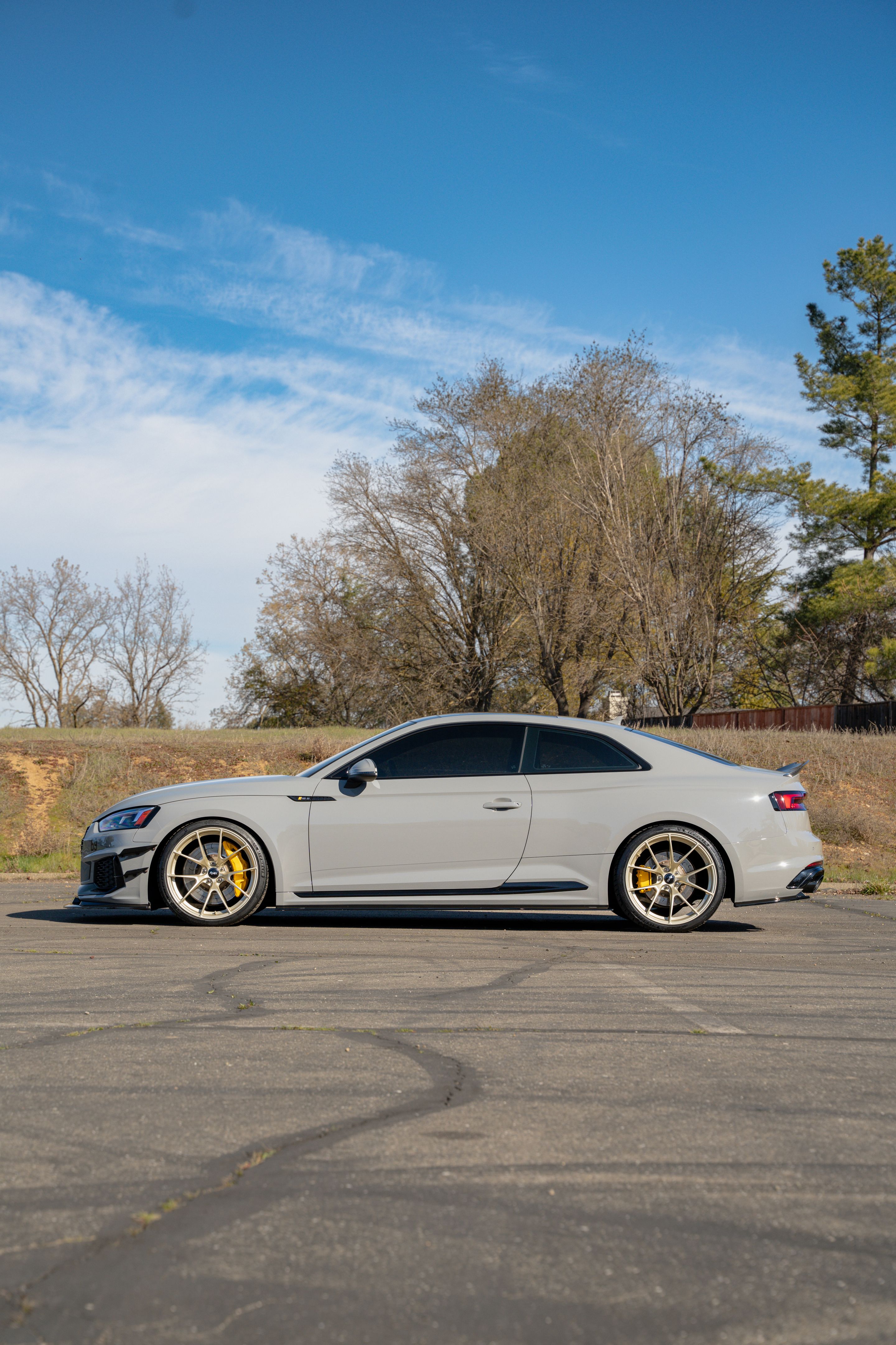 Grey Audi B9 RS 5 Coupe with 20" VS-5RS Apex wheels in Motorsport Gold