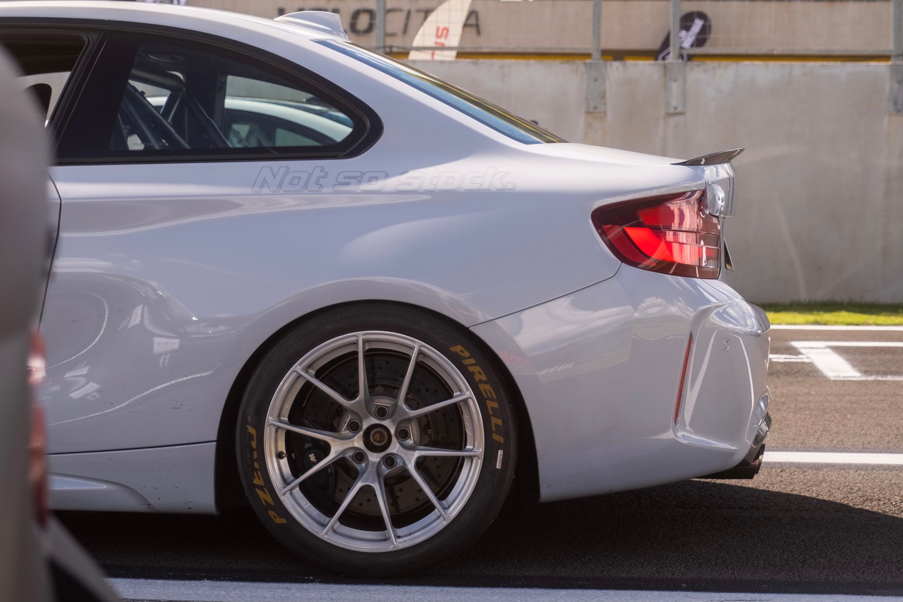 Silver BMW F87 M2 with 18" VS-5RS Apex wheels in Brushed Clear