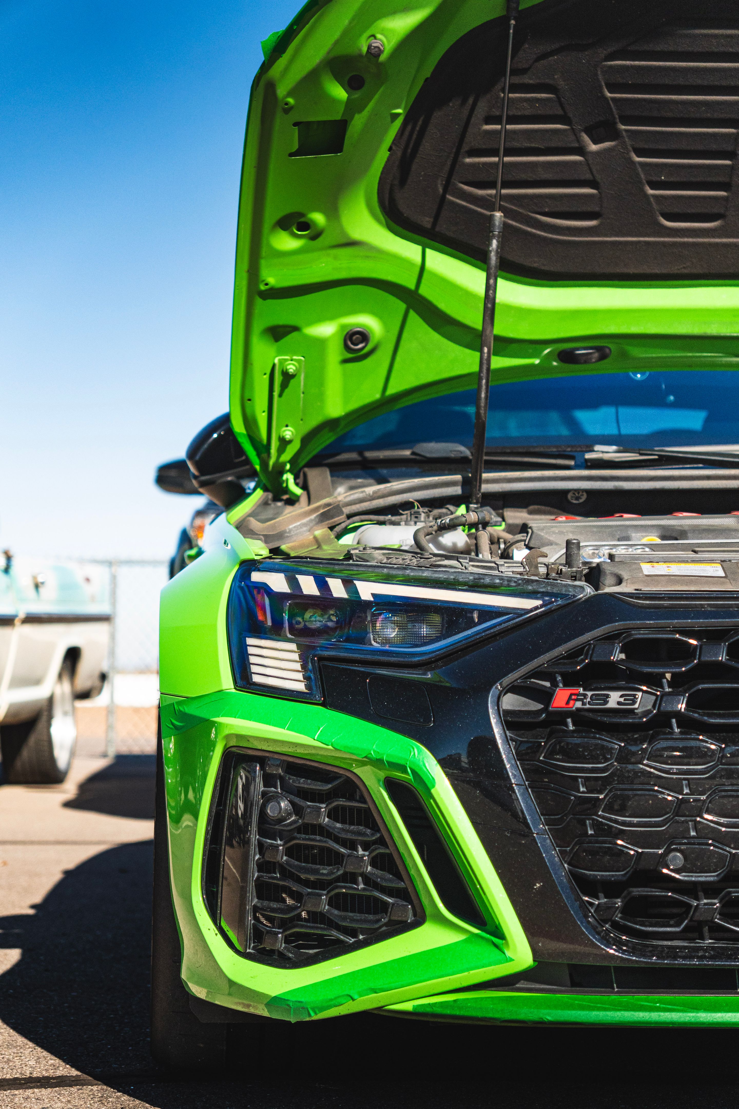 Green Audi 8Y RS 3 with 18" VS-5RS Apex wheels in Brushed Clear