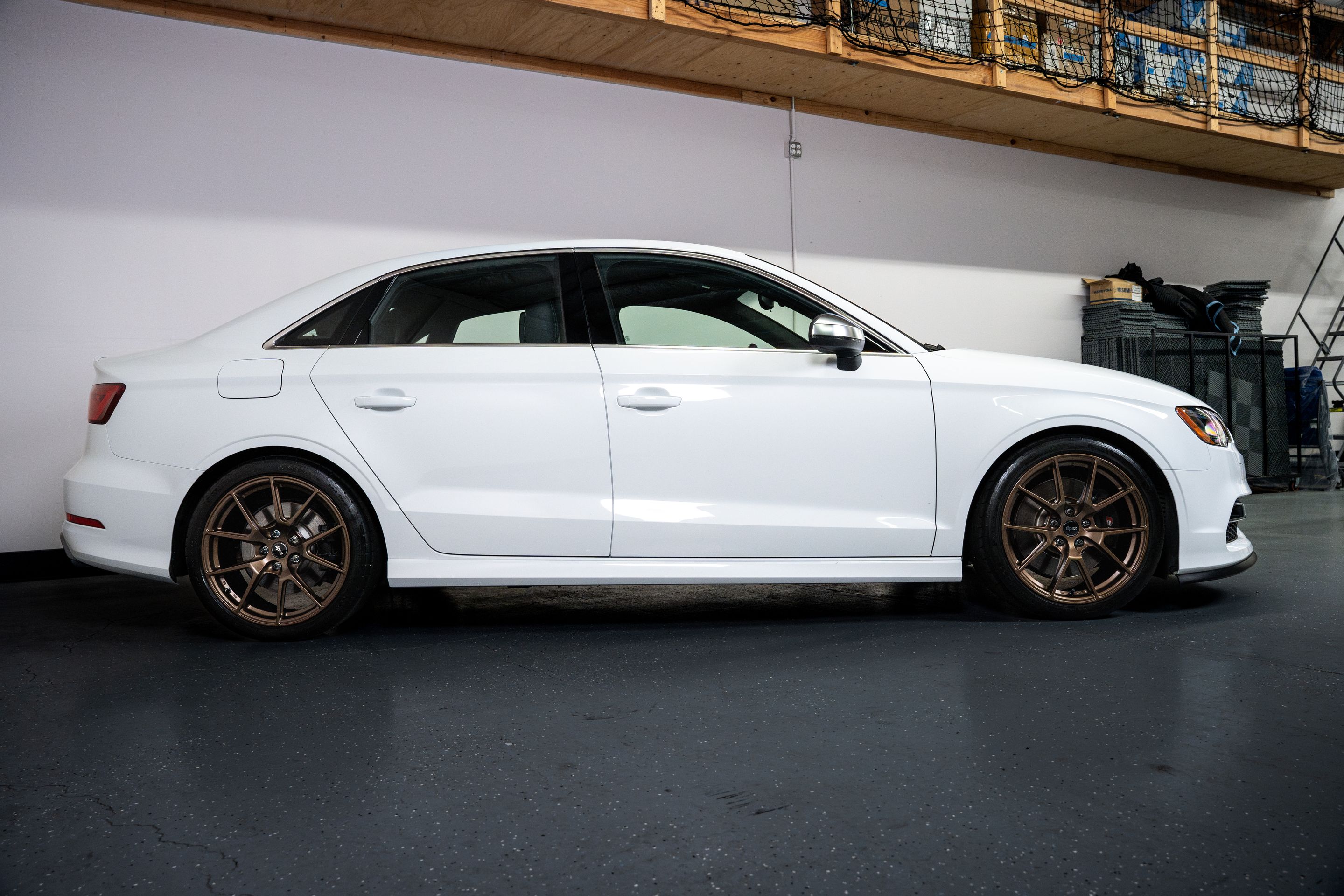 White Audi 8V S3 with 18" VS-5 Apex wheels in Satin Bronze