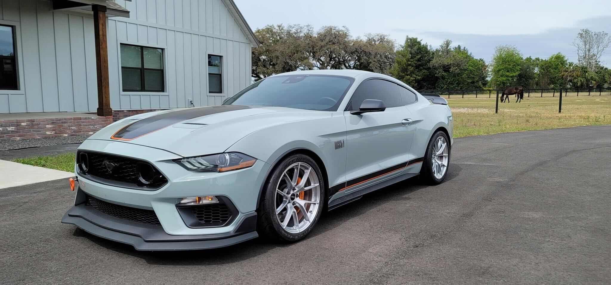 Grey Ford S550 Mustang Mach 1 with 19" VS-5RS Apex wheels in Brushed Clear