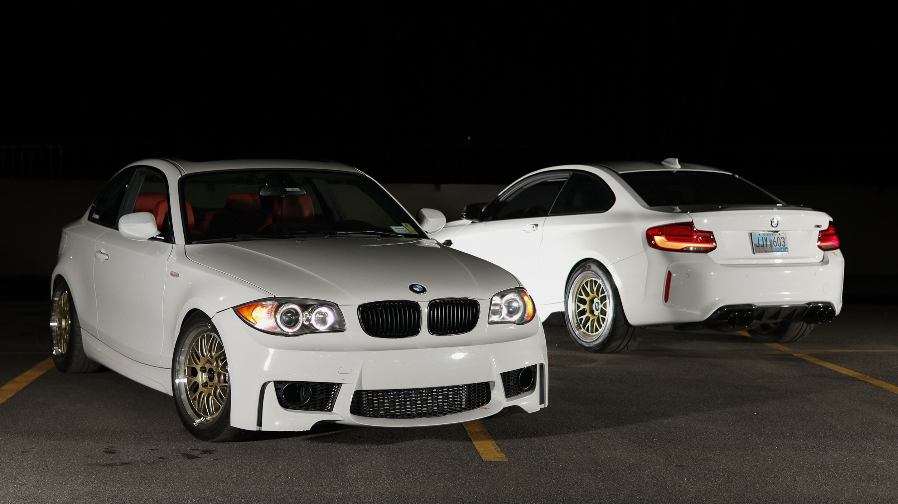 White BMW E82 Coupe 1 Series with 18" ML-10RT Apex wheels in Machined Lip Gloss Motorsport Gold