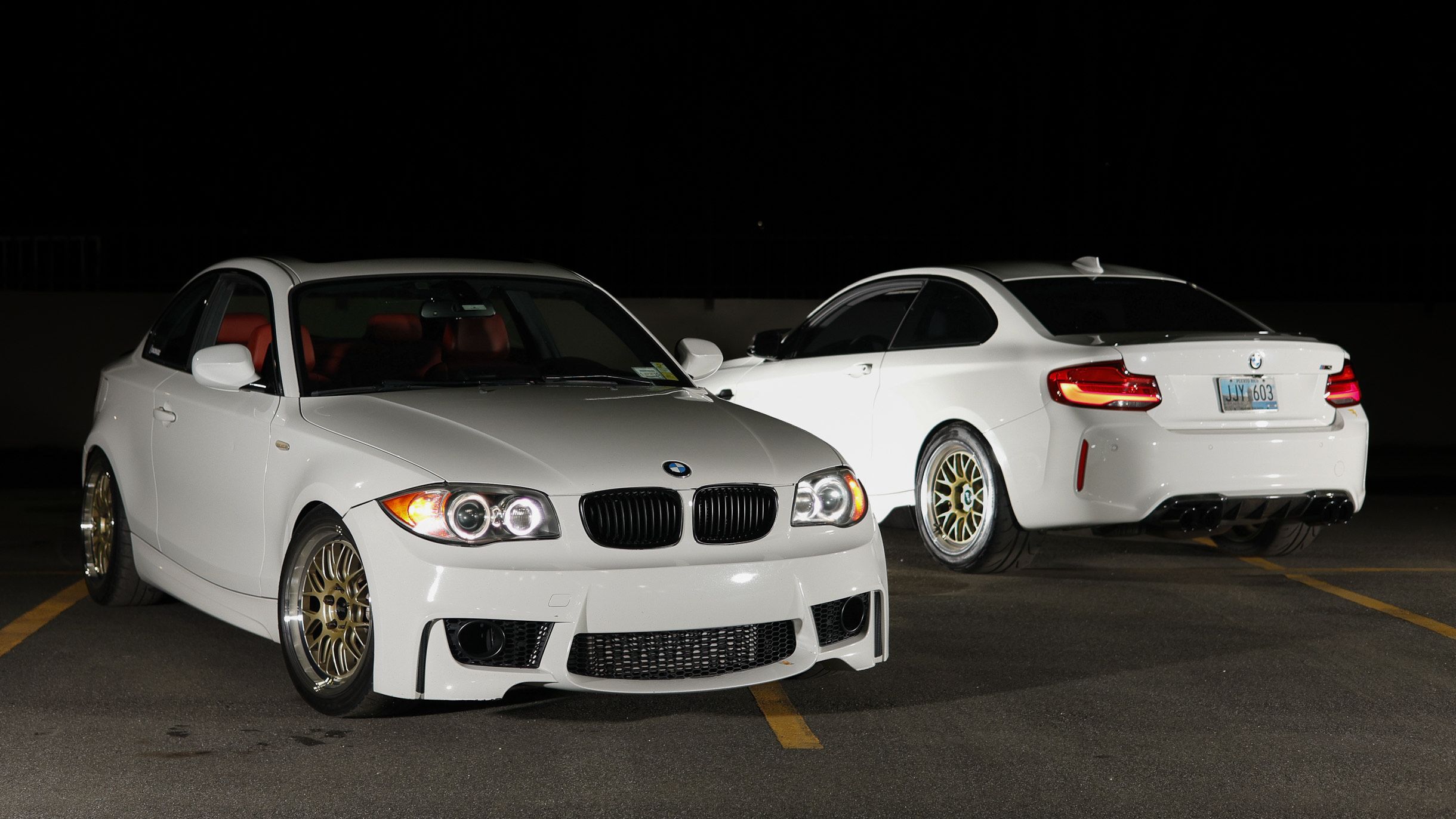 White BMW E82 Coupe 1 Series with 18" ML-10RT Apex wheels in Machined Lip Gloss Motorsport Gold