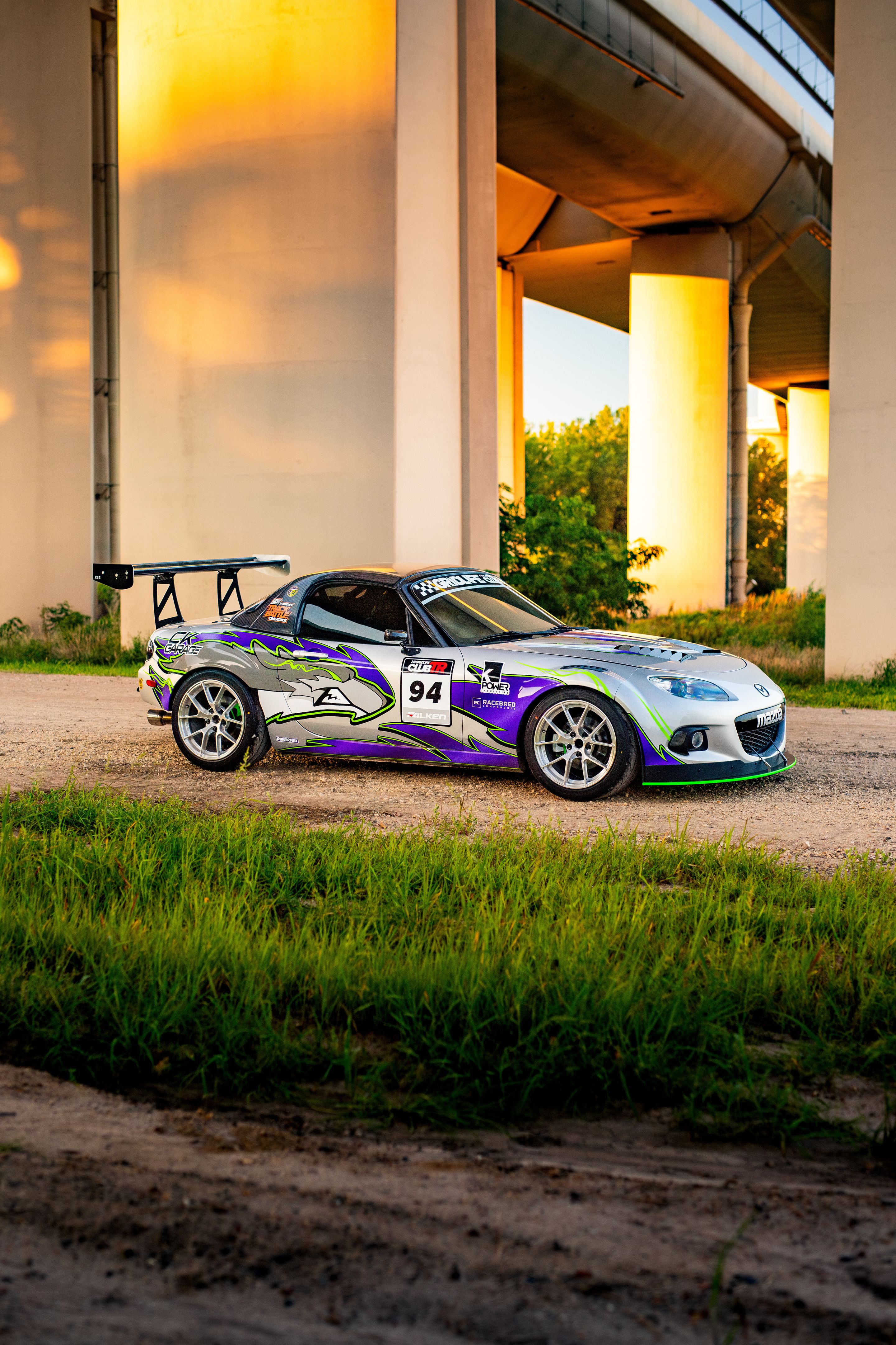 Silver Mazda NC MX-5 Miata with 17" VS-5RS Apex wheels in Brushed Clear