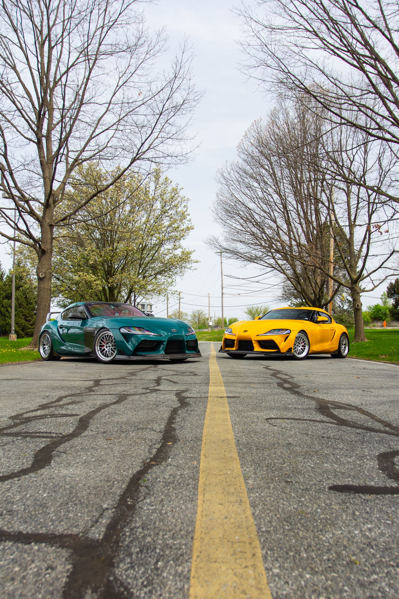 Yellow Toyota GR Supra with 19" ML-10RT Apex wheels in Machined Lip Race Silver