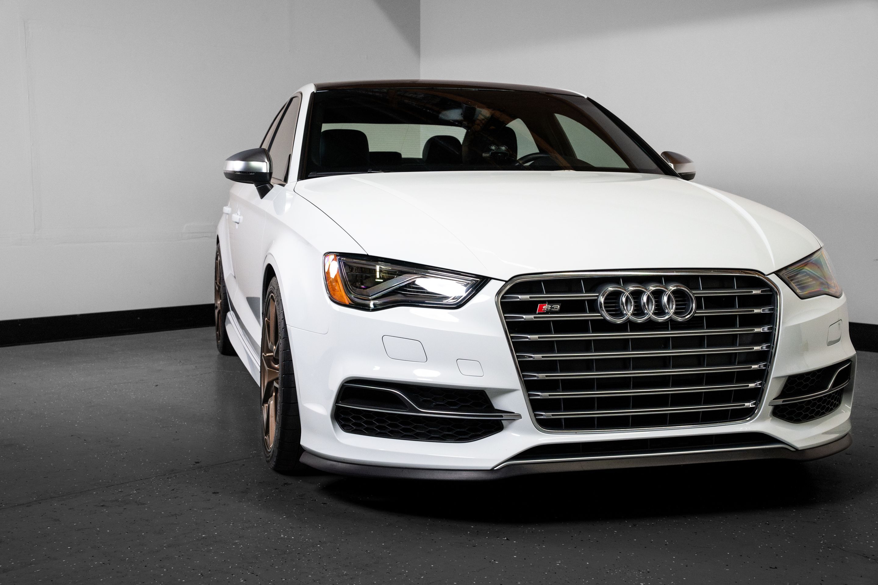 White Audi 8V S3 with 18" VS-5 Apex wheels in Satin Bronze