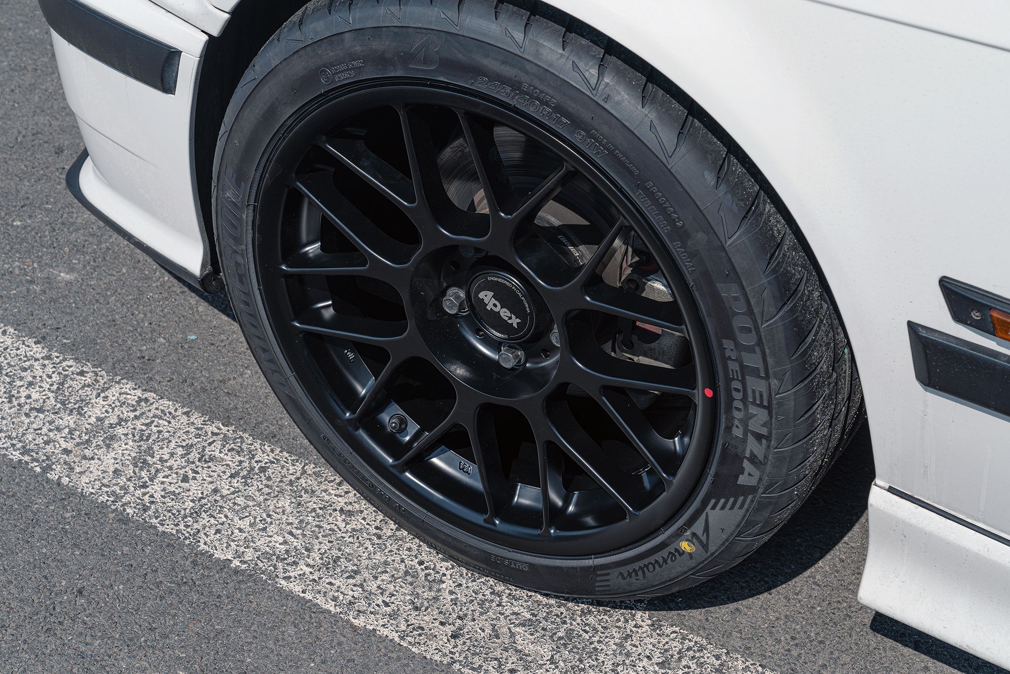 White BMW E36 3 Series with 17" ARC-8 Apex wheels in Satin Black