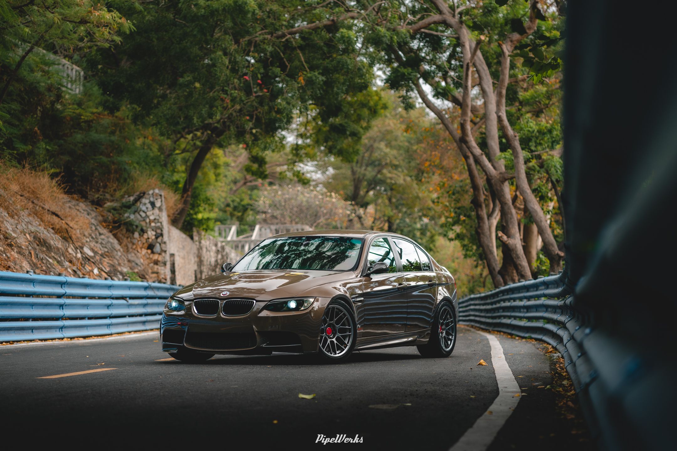 Brown BMW E90 Sedan 3 Series with 18" ARC-8 Apex wheels in Hyper Black