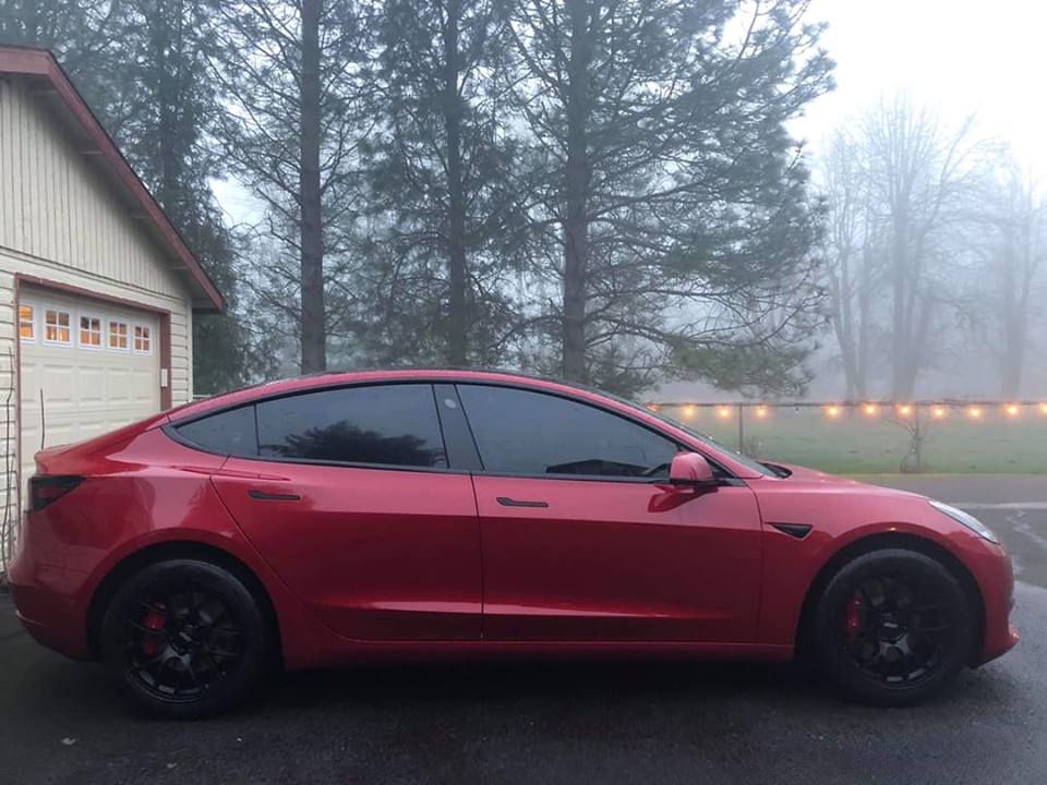Red Tesla Model 3 with 18" EC-7 Apex wheels in Satin Black
