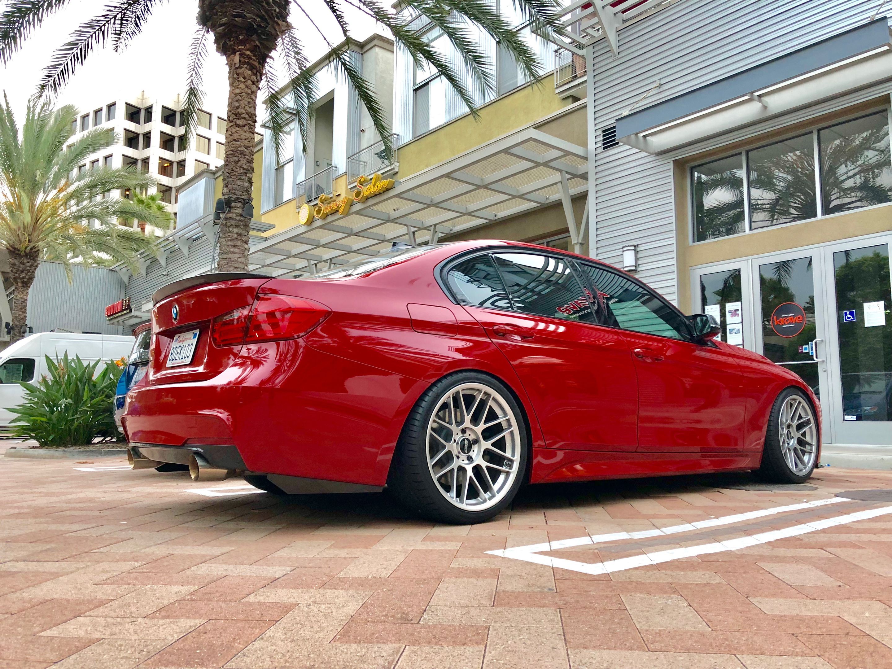 Red BMW F30 Sedan 3 Series with 19" ARC-8 Apex wheels in Hyper Silver
