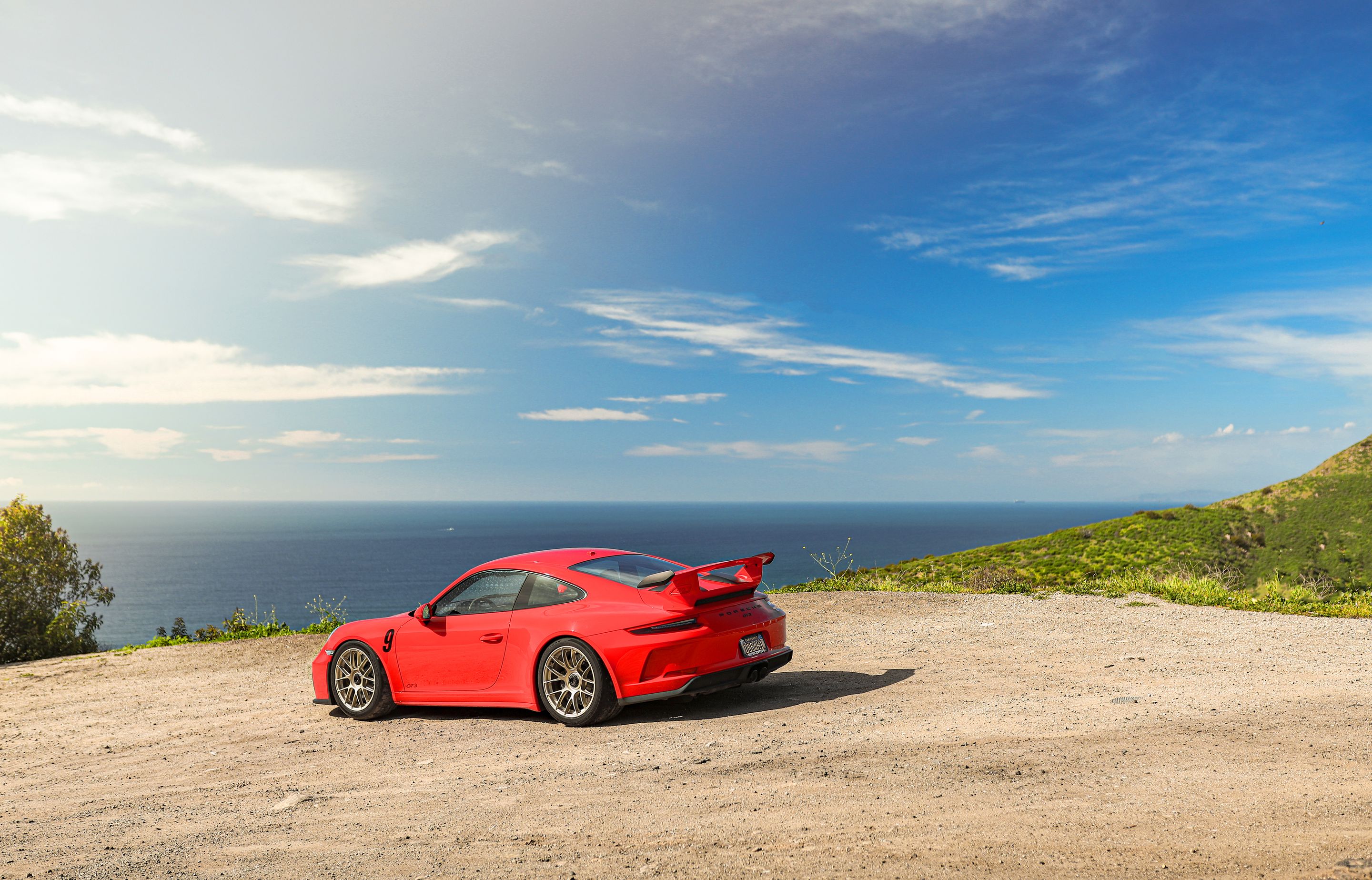 Red Porsche 911 991.2 GT3 with 19" EC-7RS Apex wheels in Motorsport Gold