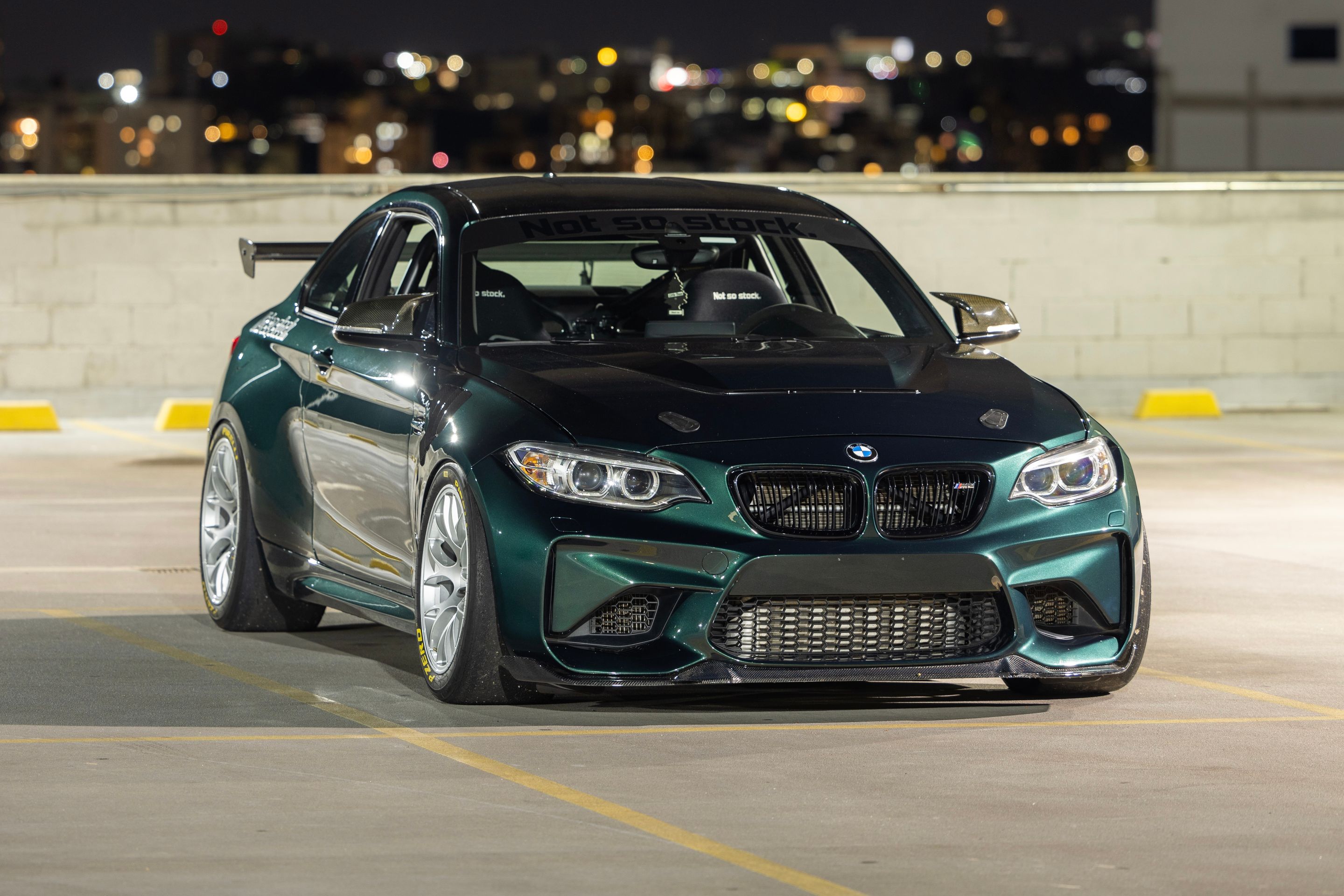 Green BMW F87 M2 with 18" EC-7 Apex wheels in Race Silver