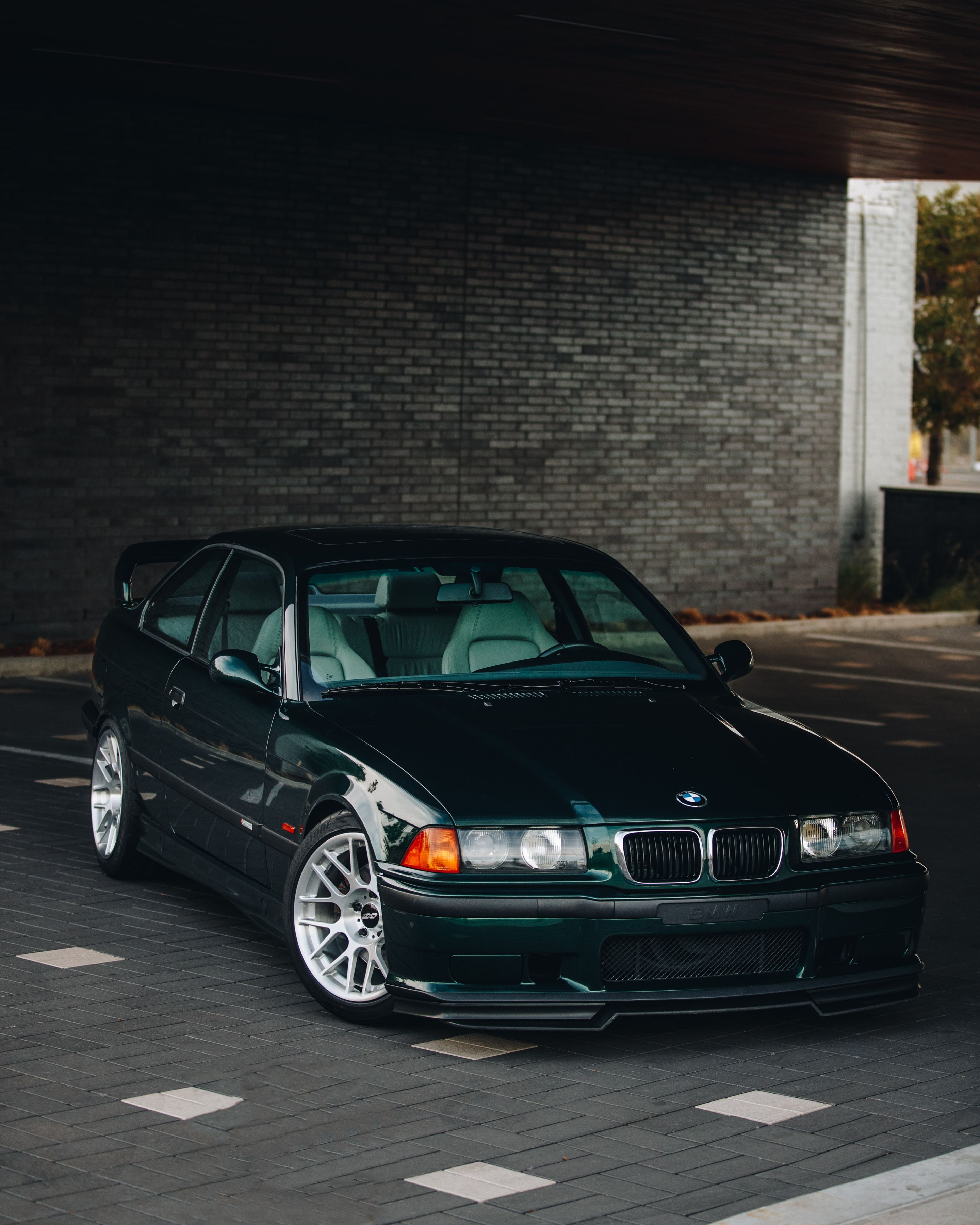 Green BMW E36 M3 with 17" ARC-8R Apex wheels in Brushed Clear