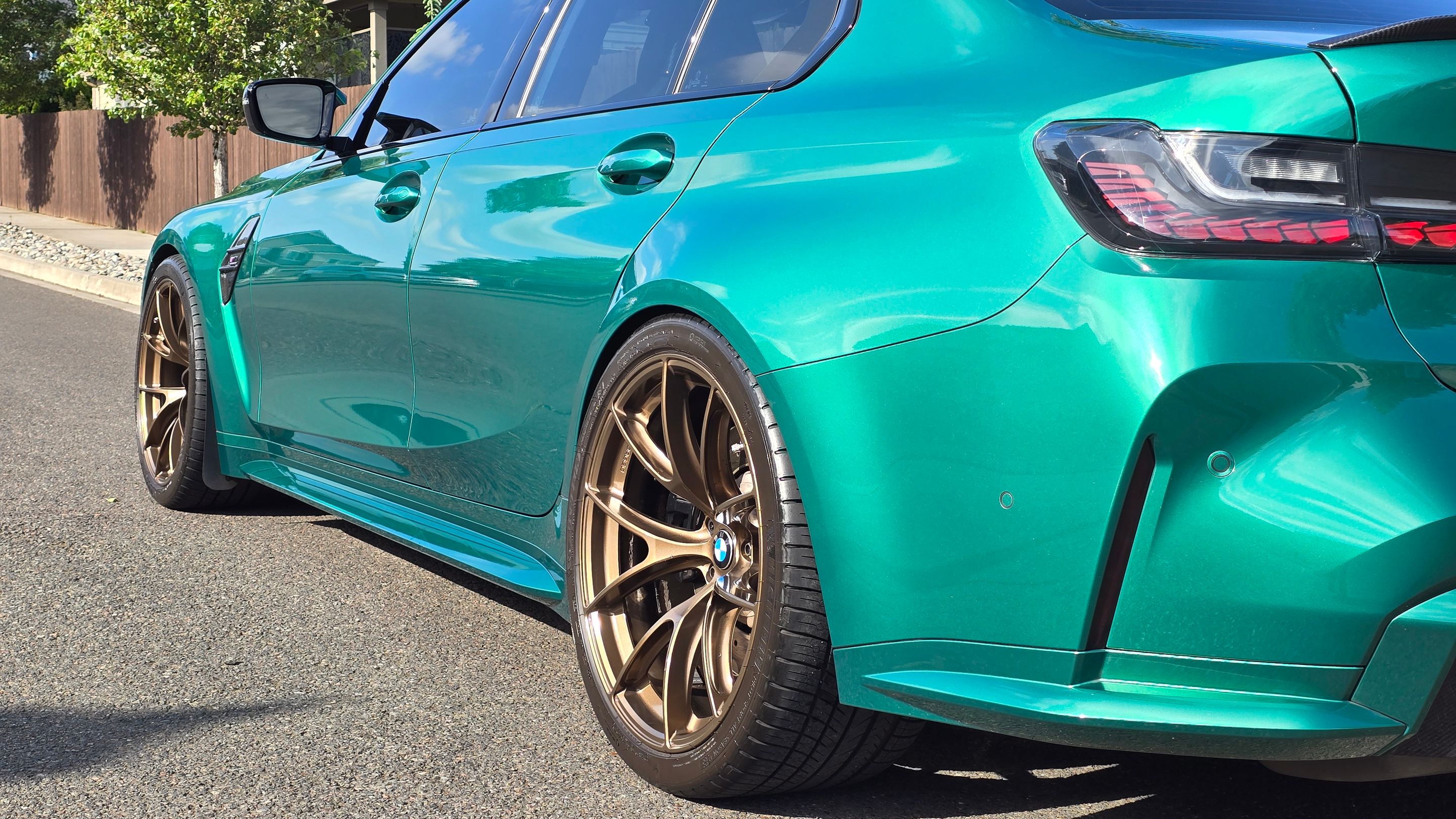 Green BMW G80 M3 with 20" VS-5RS Apex wheels in Satin Bronze