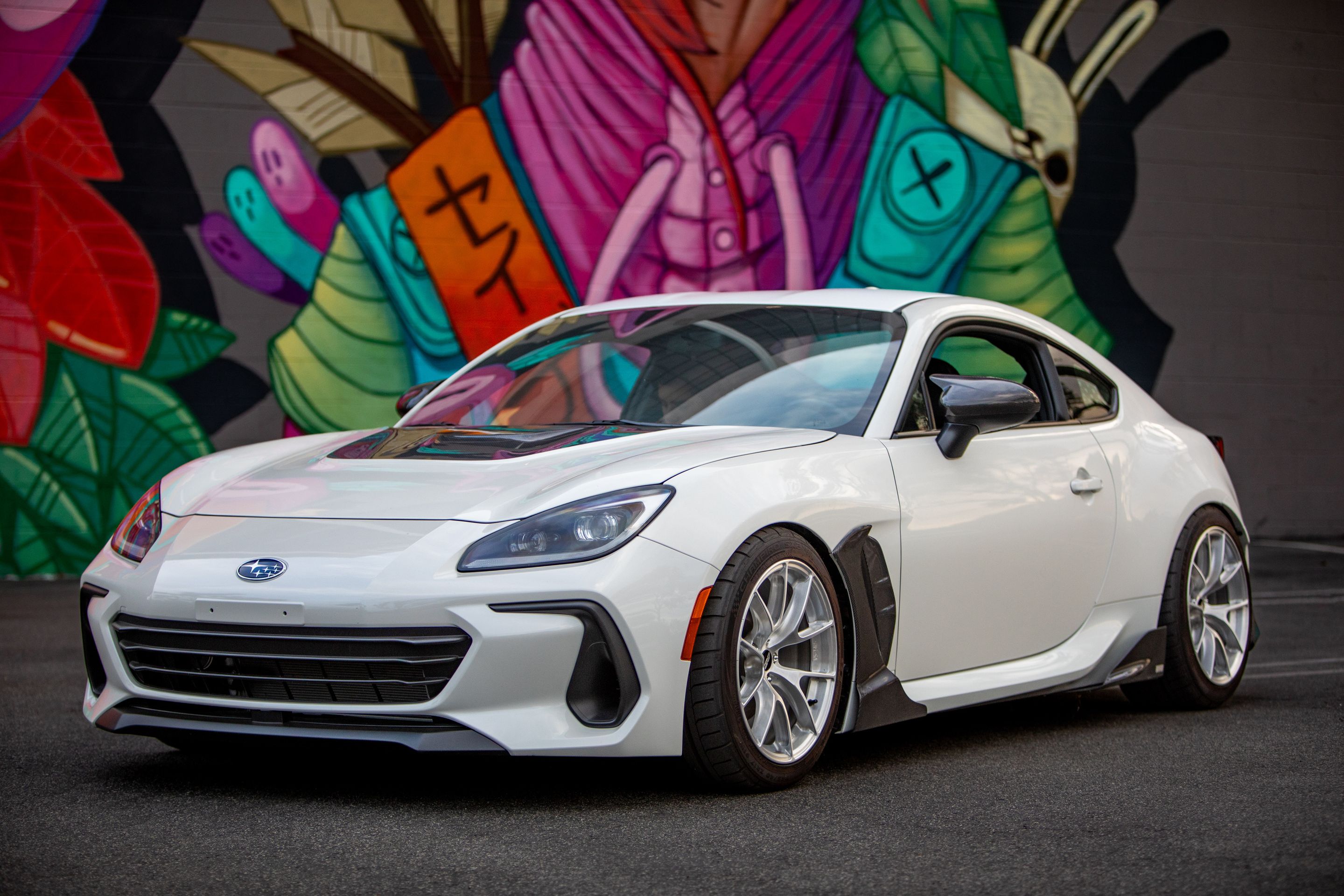 White Subaru ZD8 / Gen 2 BRZ with 17" VS-5RS Apex wheels in Brushed Clear