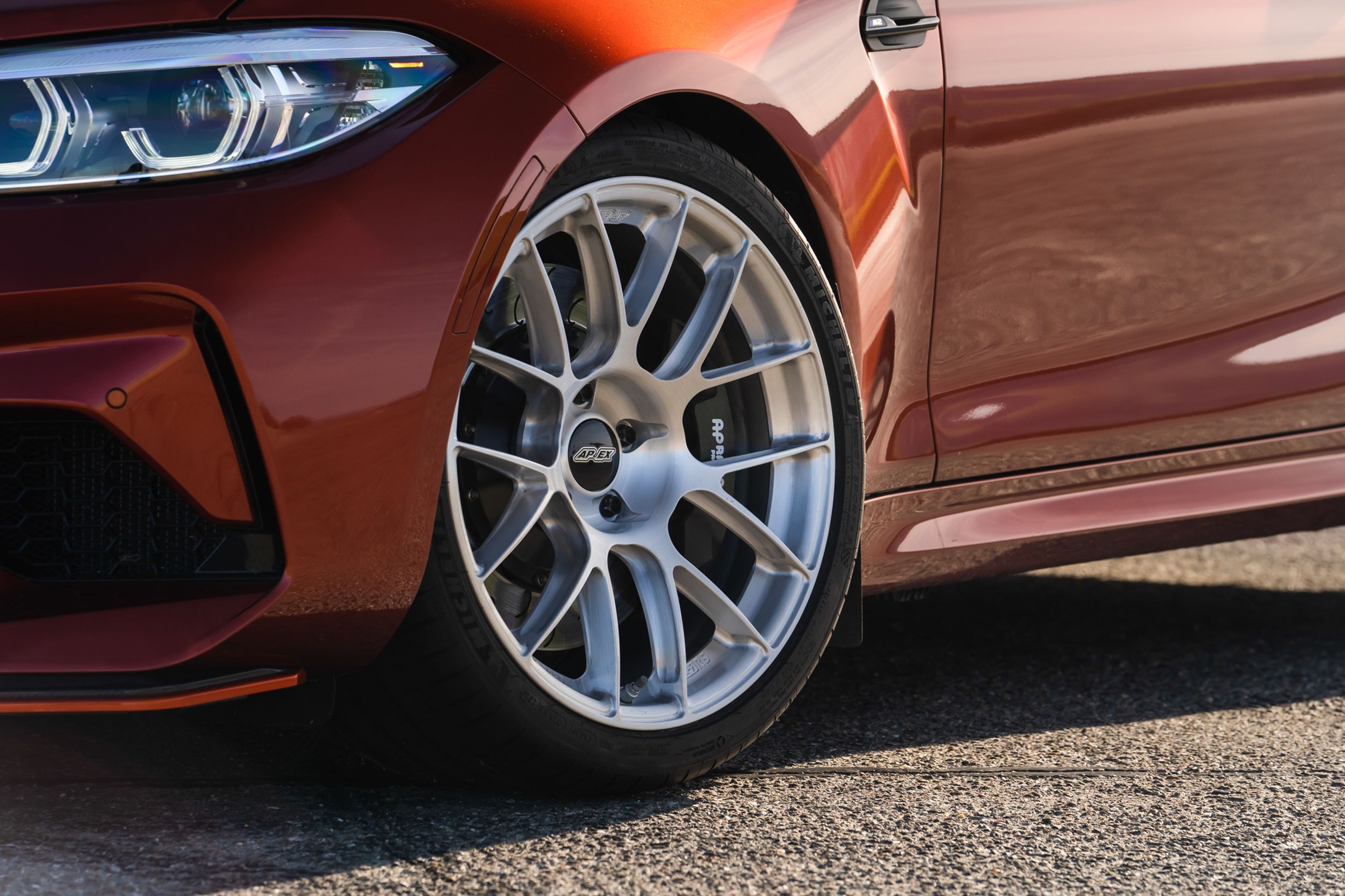 Orange BMW F87 M2 with 19" EC-7RS Apex wheels in Brushed Clear