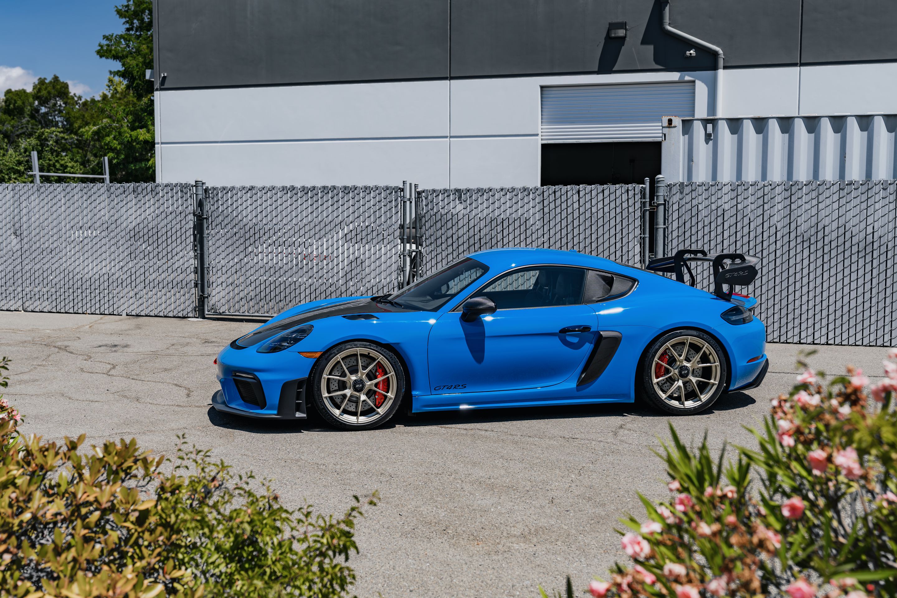 Blue Porsche 718 Cayman GT4 RS with 20" VS-5RS Apex wheels in Motorsport Gold