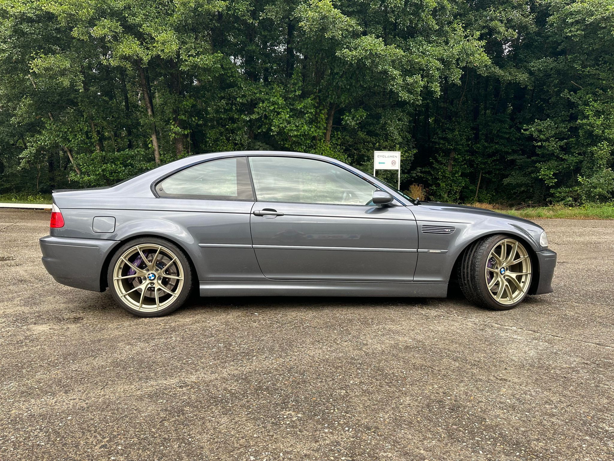 Grey BMW E46 M3 with 19" VS-5RS Apex wheels in Motorsport Gold
