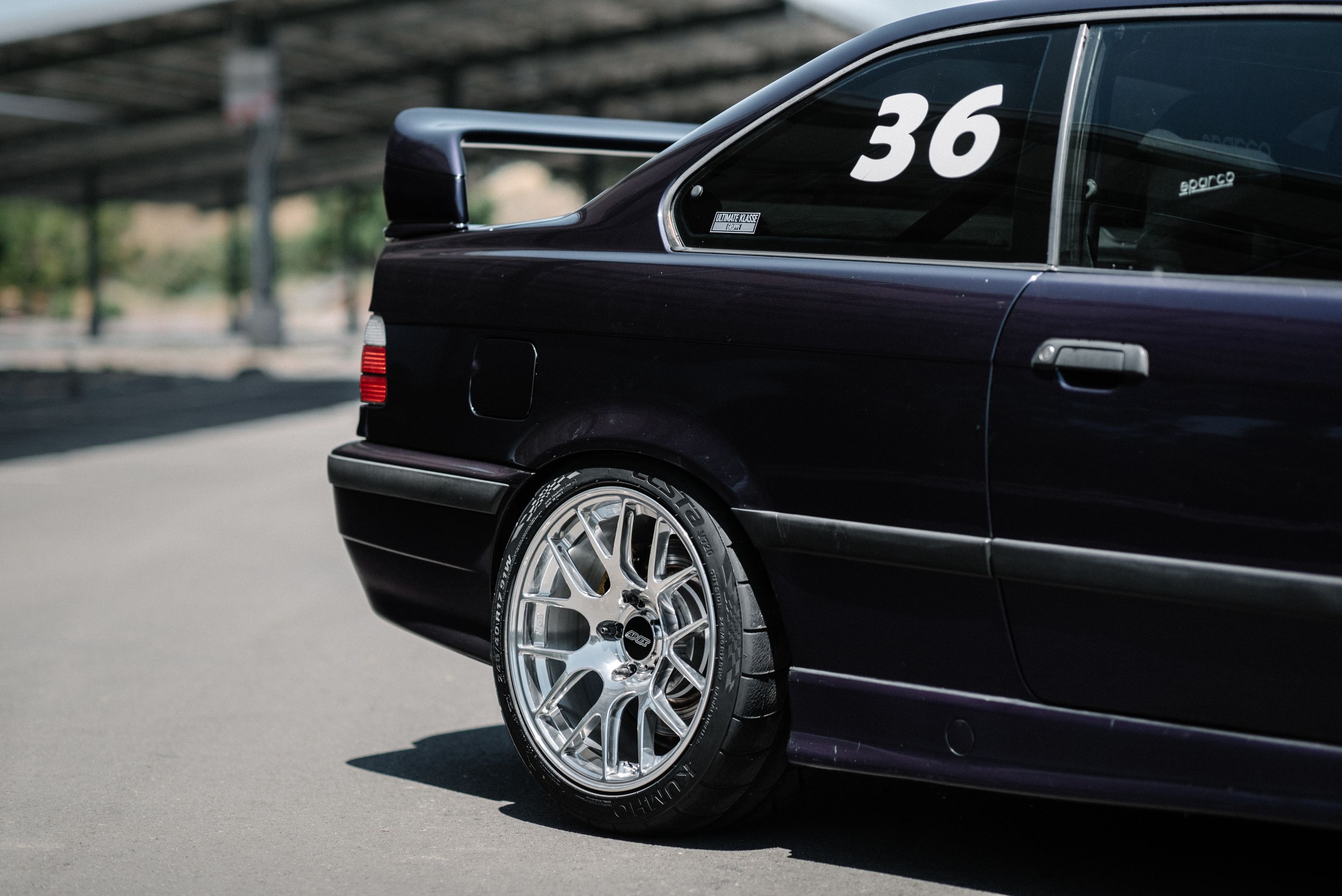 Purple BMW E36 M3 with 17" EC-7R Apex wheels in Polished