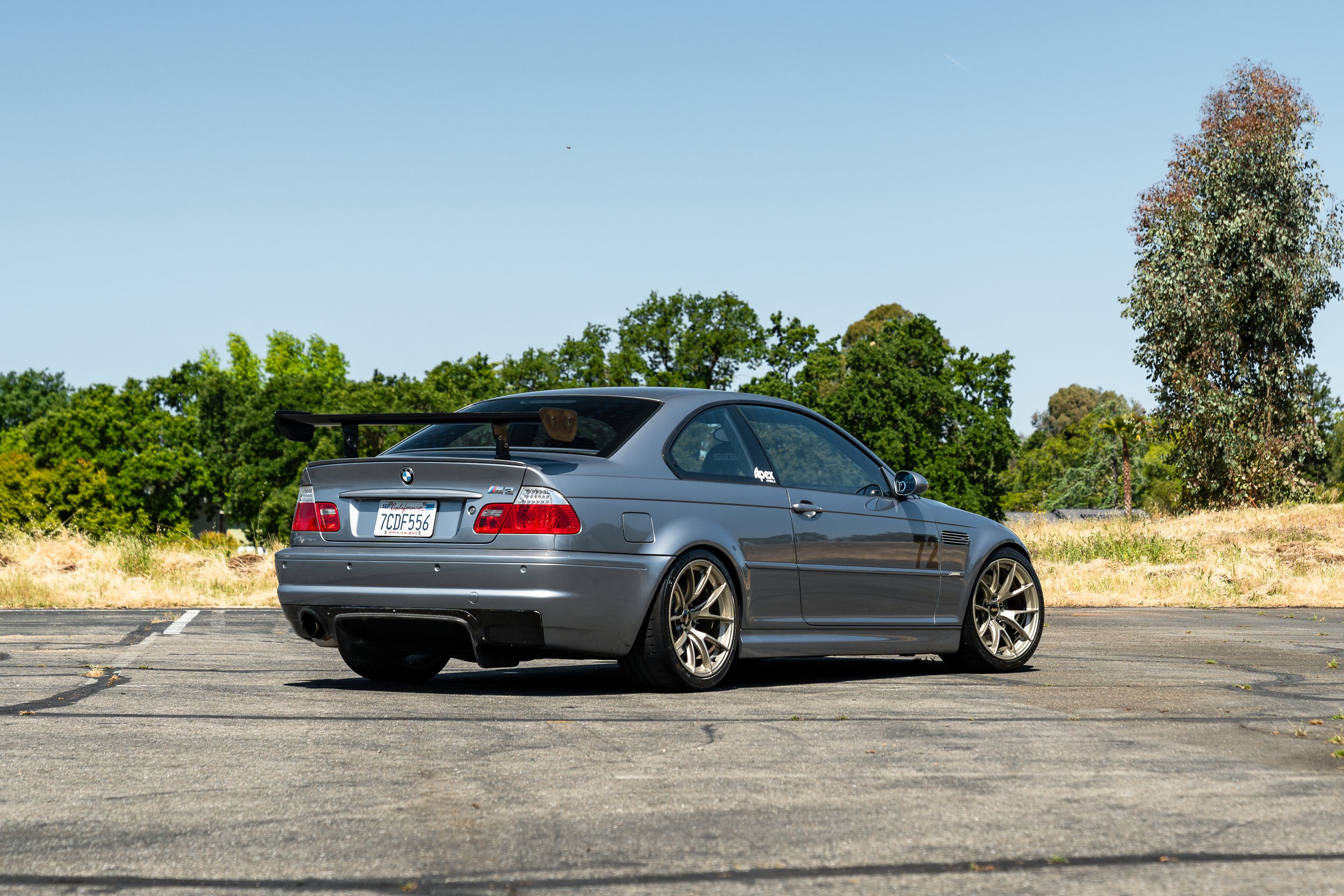 Grey BMW E46 M3 with 18" VS-5RS Apex wheels in Motorsport Gold
