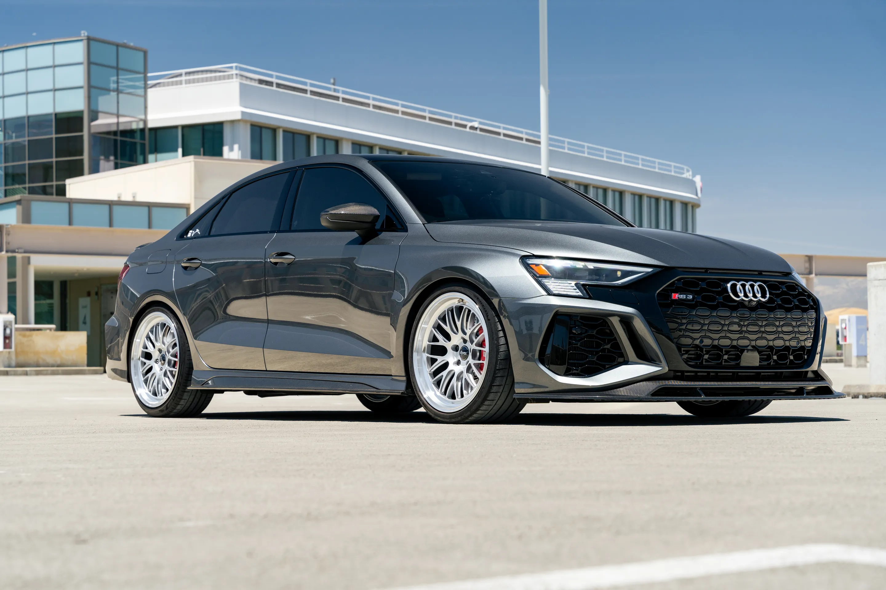 Grey Audi 8Y RS 3 with 19" ML-10RT Apex wheels in Machined Lip Race Silver