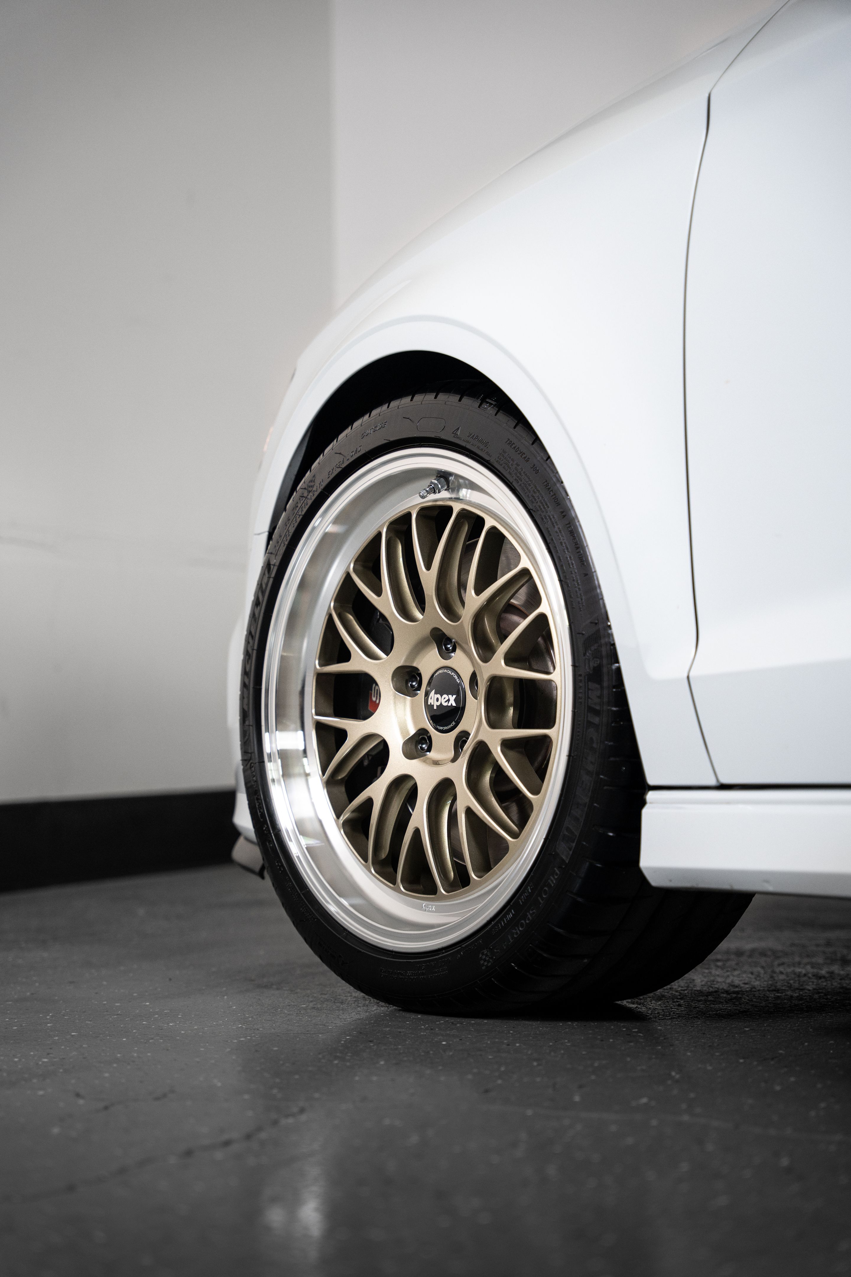 White Audi 8V S3 with 18" ML-10RT Apex wheels in Machined Lip Gloss Motorsport Gold