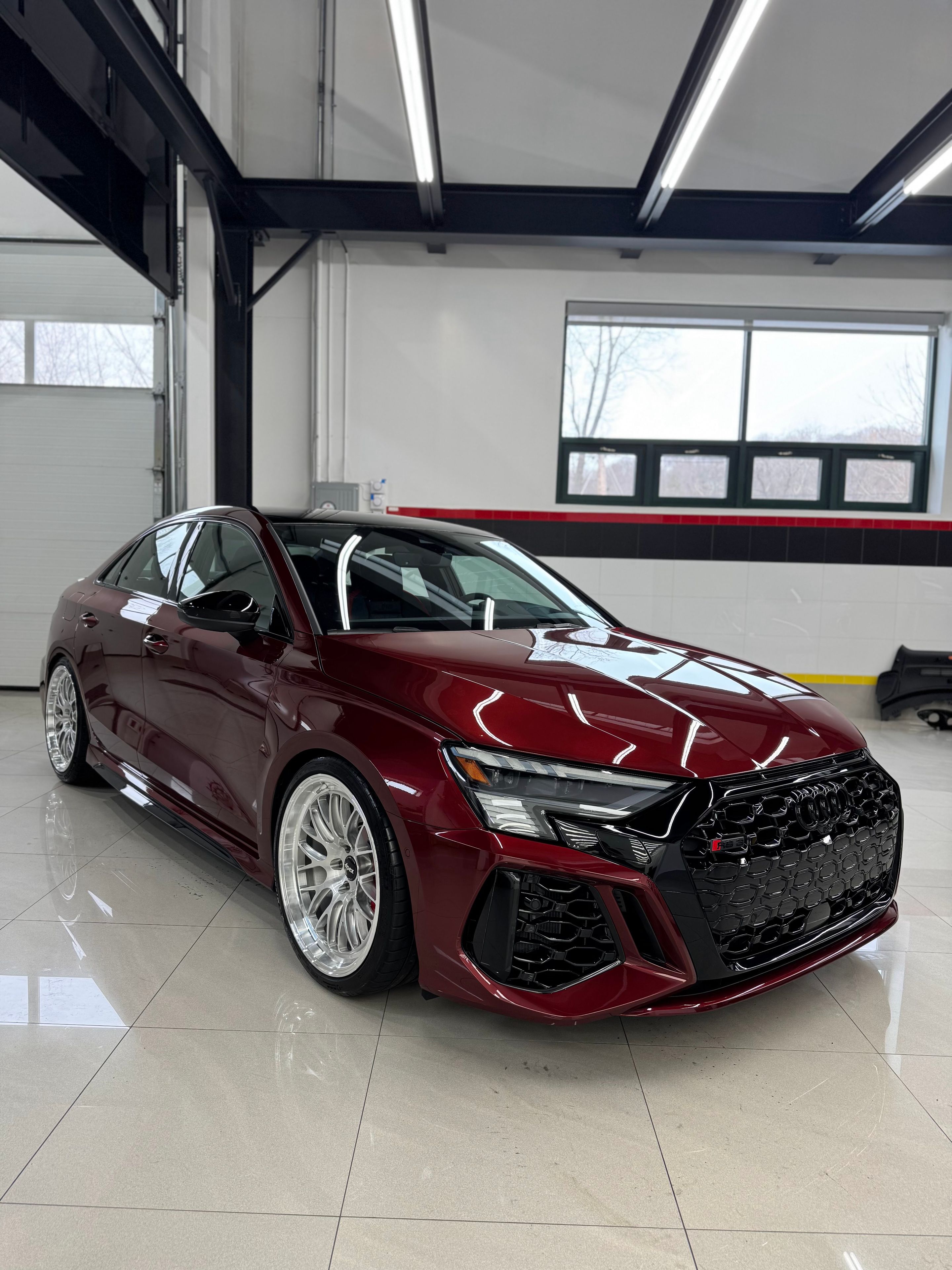 Red Audi 8Y RS 3 with 19" ML-10RT Apex wheels in Machined Lip Brushed Clear