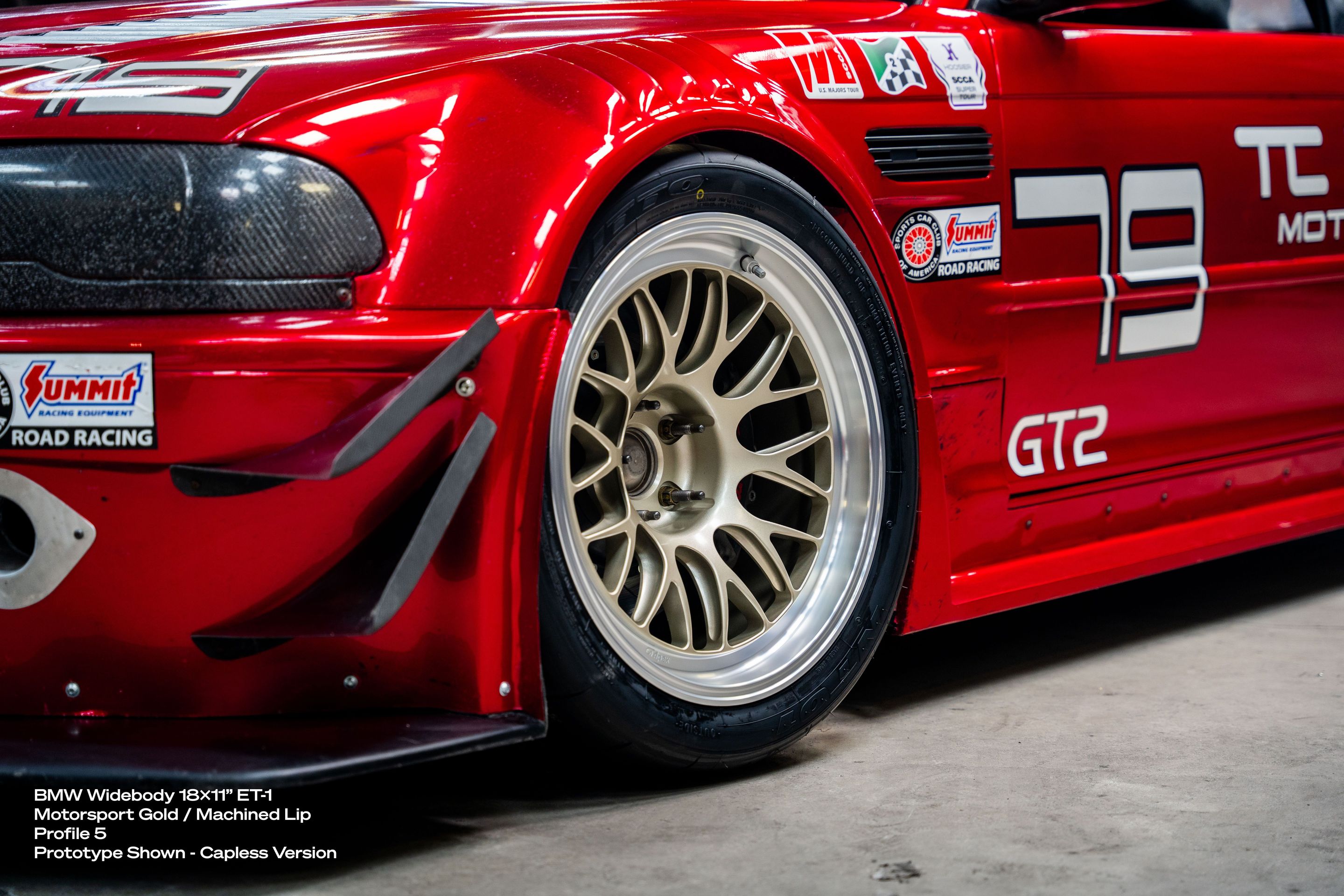 Red BMW E46 M3 with 18" ML-10RT Apex wheels in Machined Lip Gloss Motorsport Gold