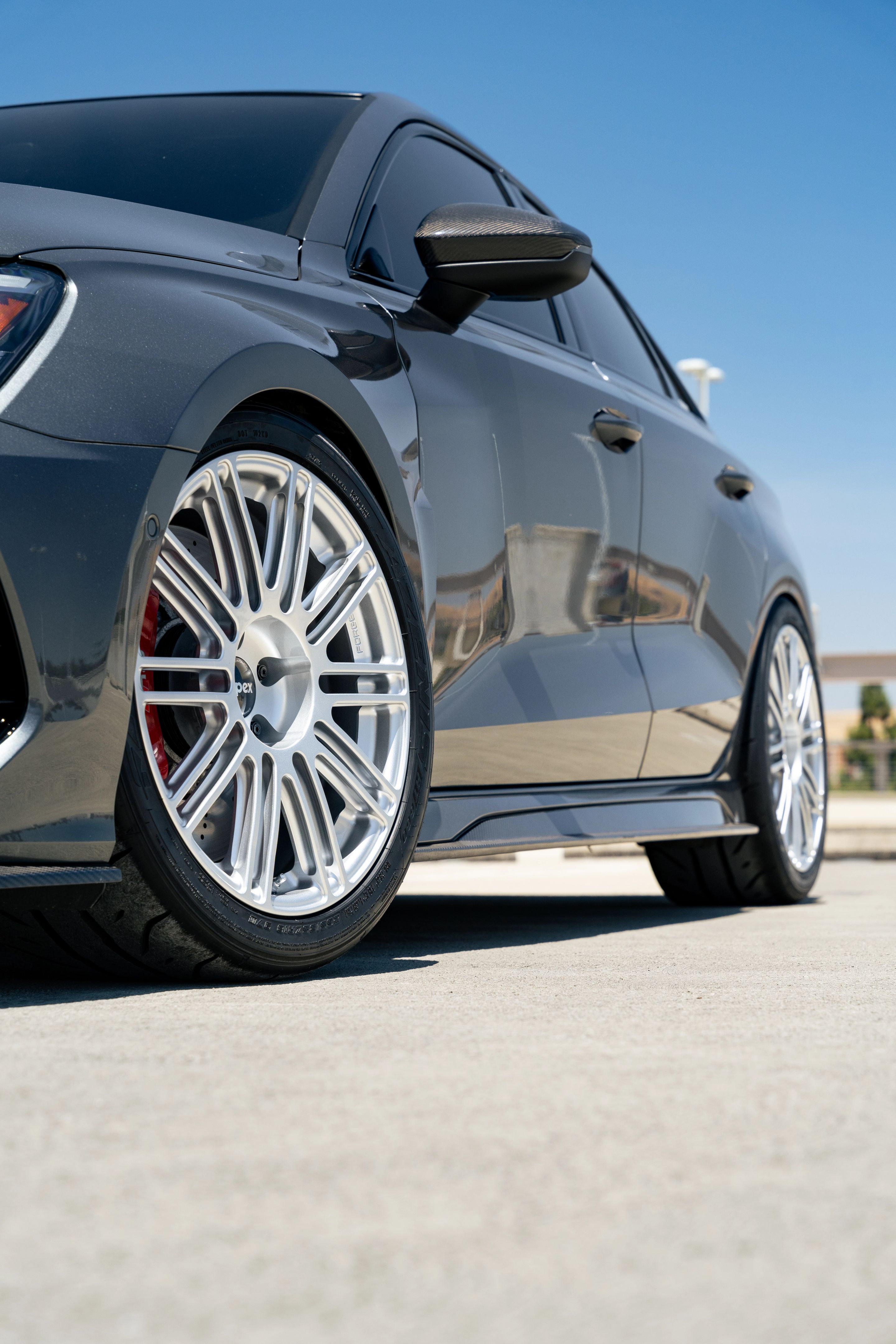 Grey Audi 8Y RS 3 with 18" TC-10RT Apex wheels in Race Silver
