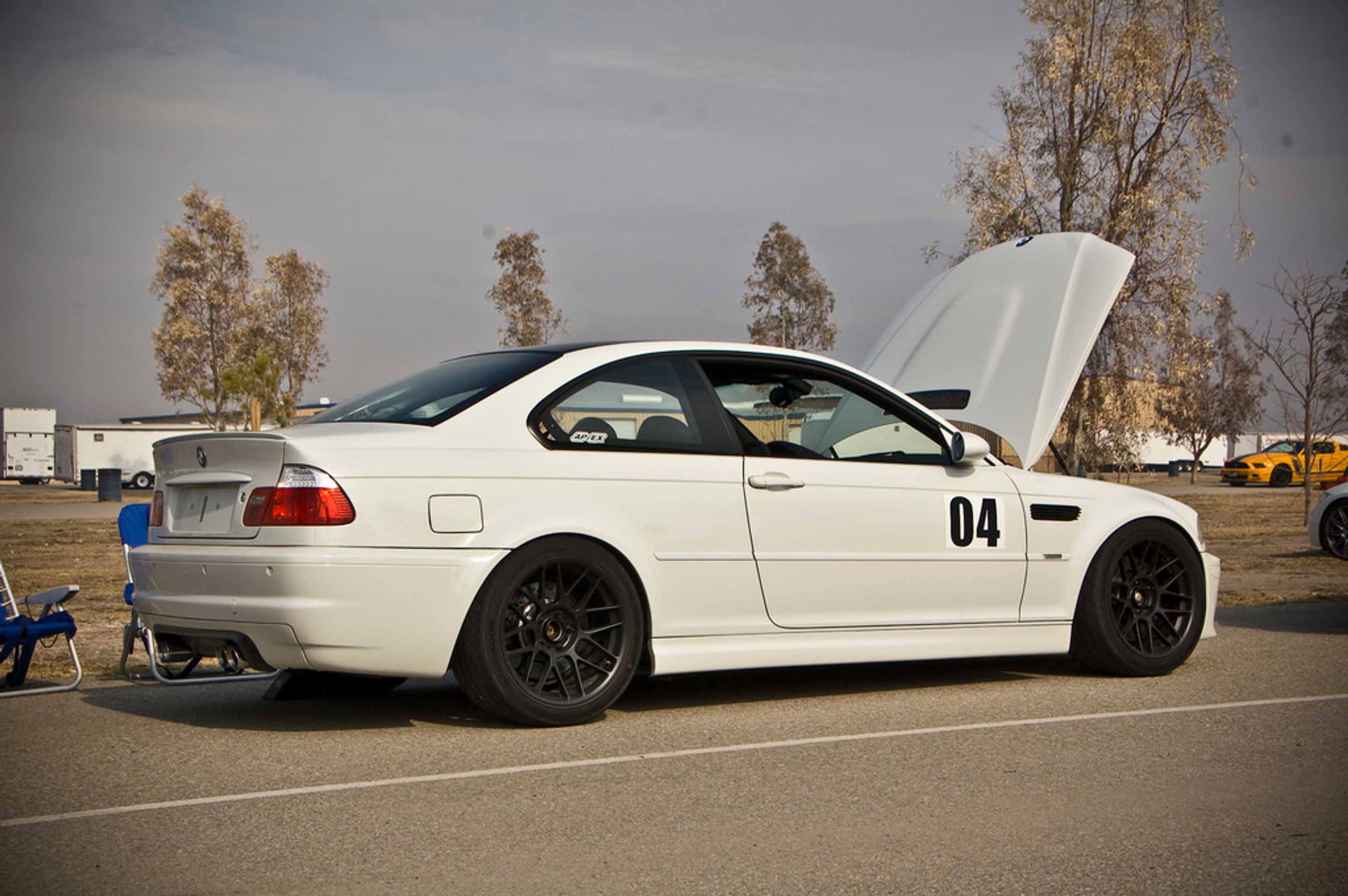 White BMW E46 M3 with 18" ARC-8 Apex wheels in Satin Black