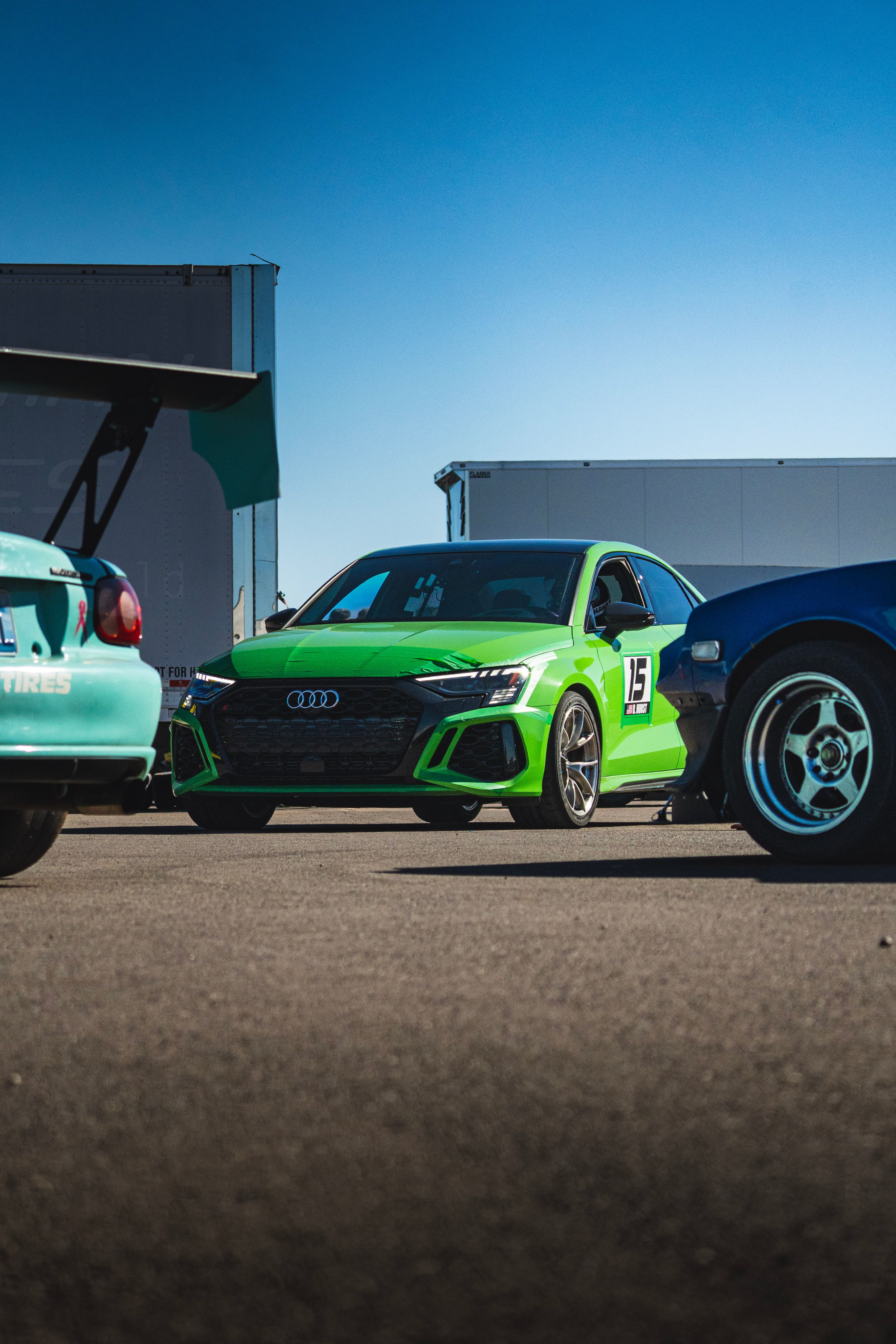 Green Audi 8Y RS 3 with 18" VS-5RS Apex wheels in Brushed Clear