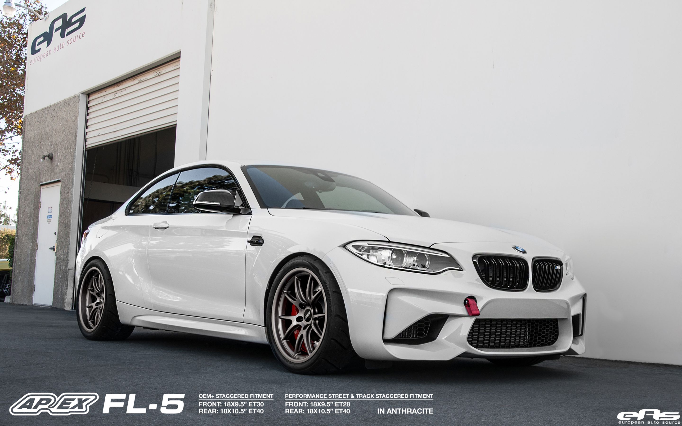 White BMW F87 M2 with 18" FL-5 Apex wheels in Race Silver