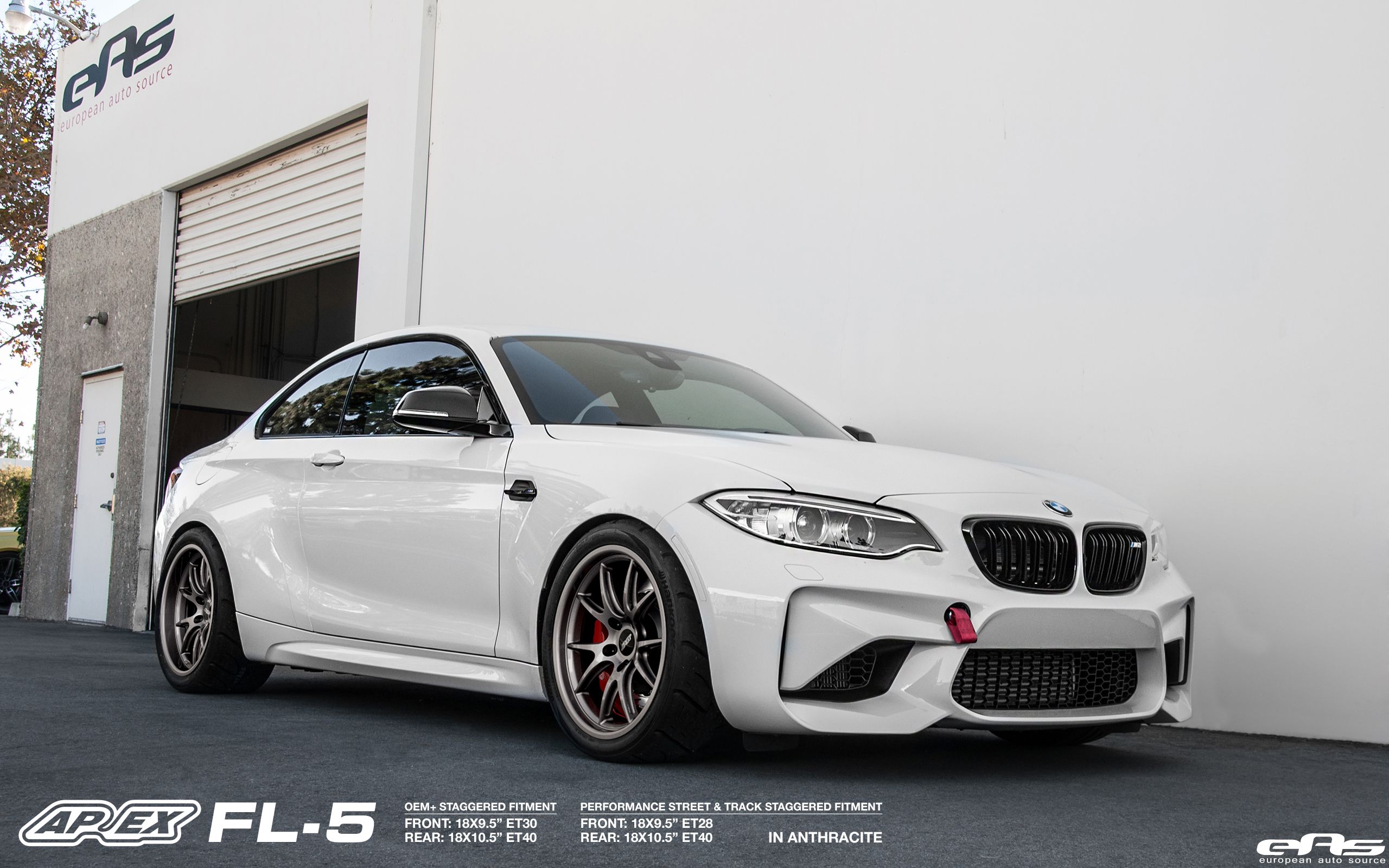 White BMW F87 M2 with 18" FL-5 Apex wheels in Race Silver