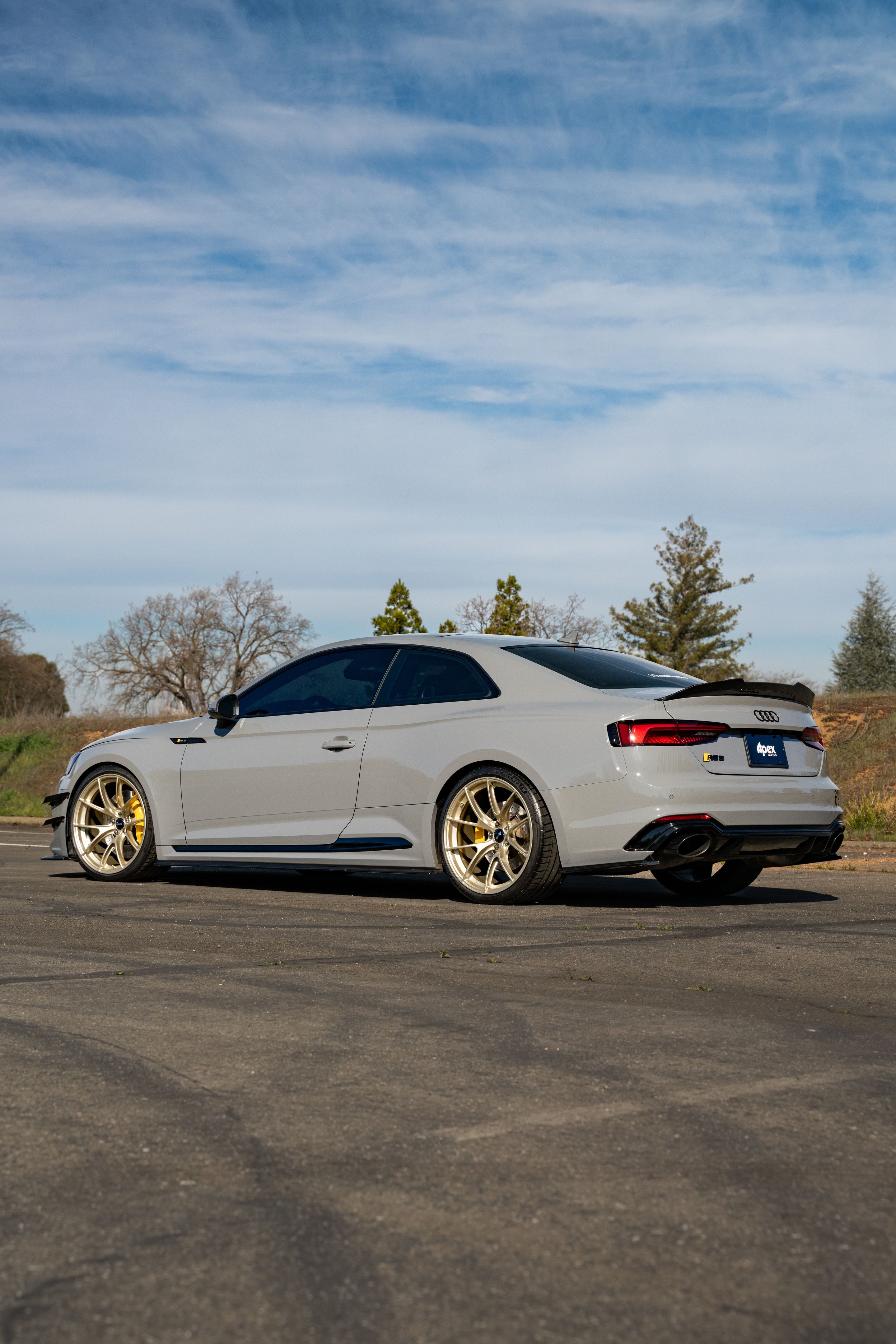 Grey Audi B9 RS 5 Coupe with 20" VS-5RS Apex wheels in Motorsport Gold