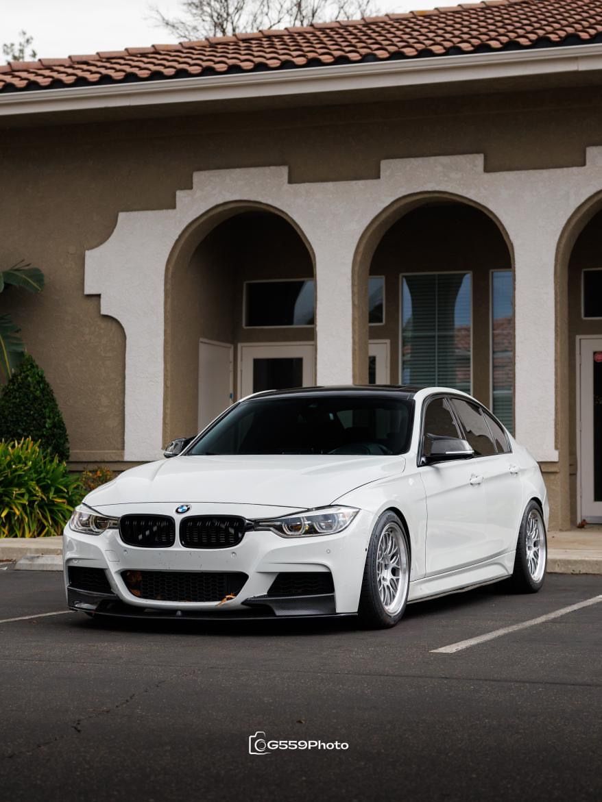 White BMW F30 Sedan 3 Series with 18" ML-10RT Apex wheels in Machined Lip Race Silver