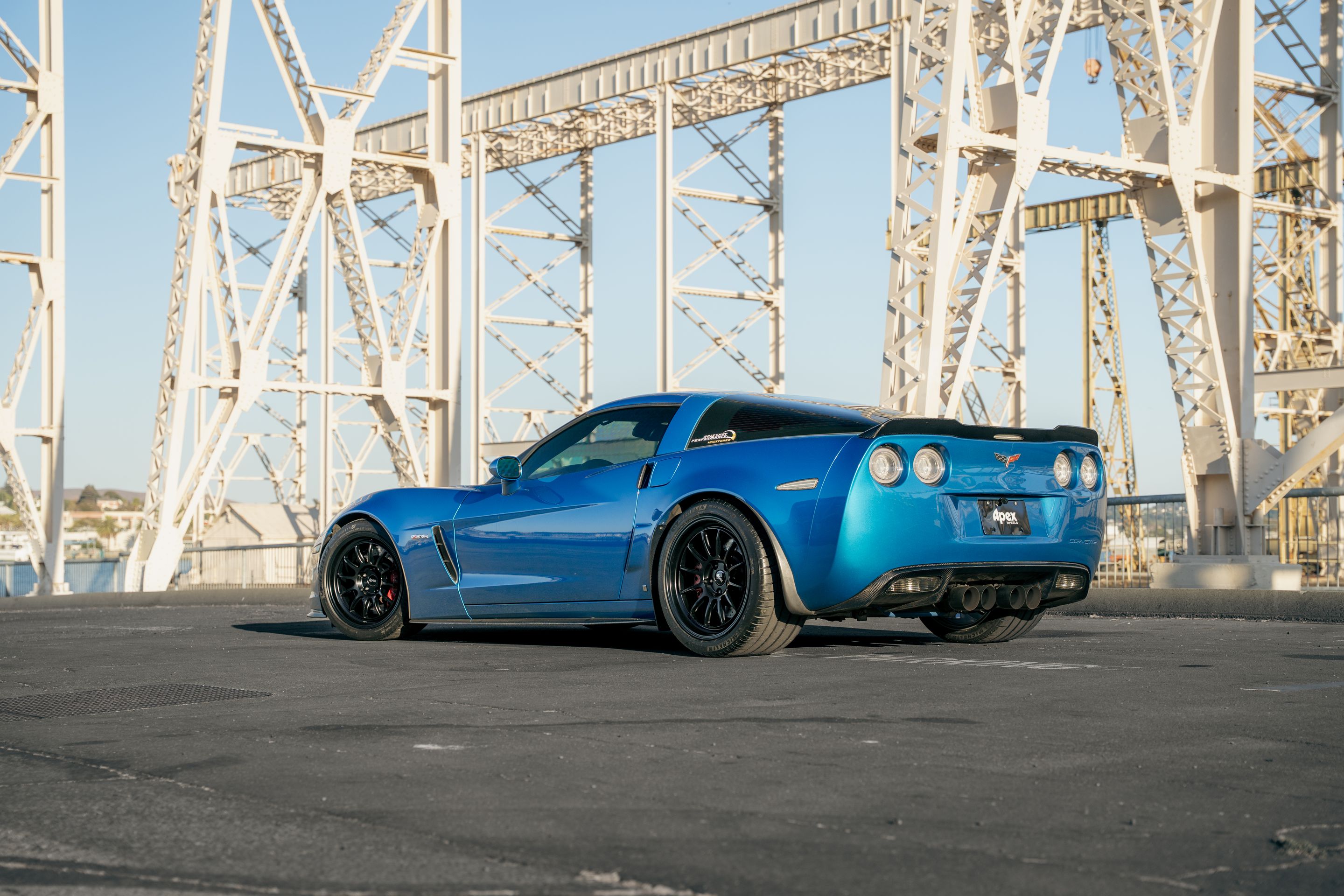 Blue Chevrolet C6 Corvette Z06 with 18"/19" TEST-S Apex wheels in Satin Black