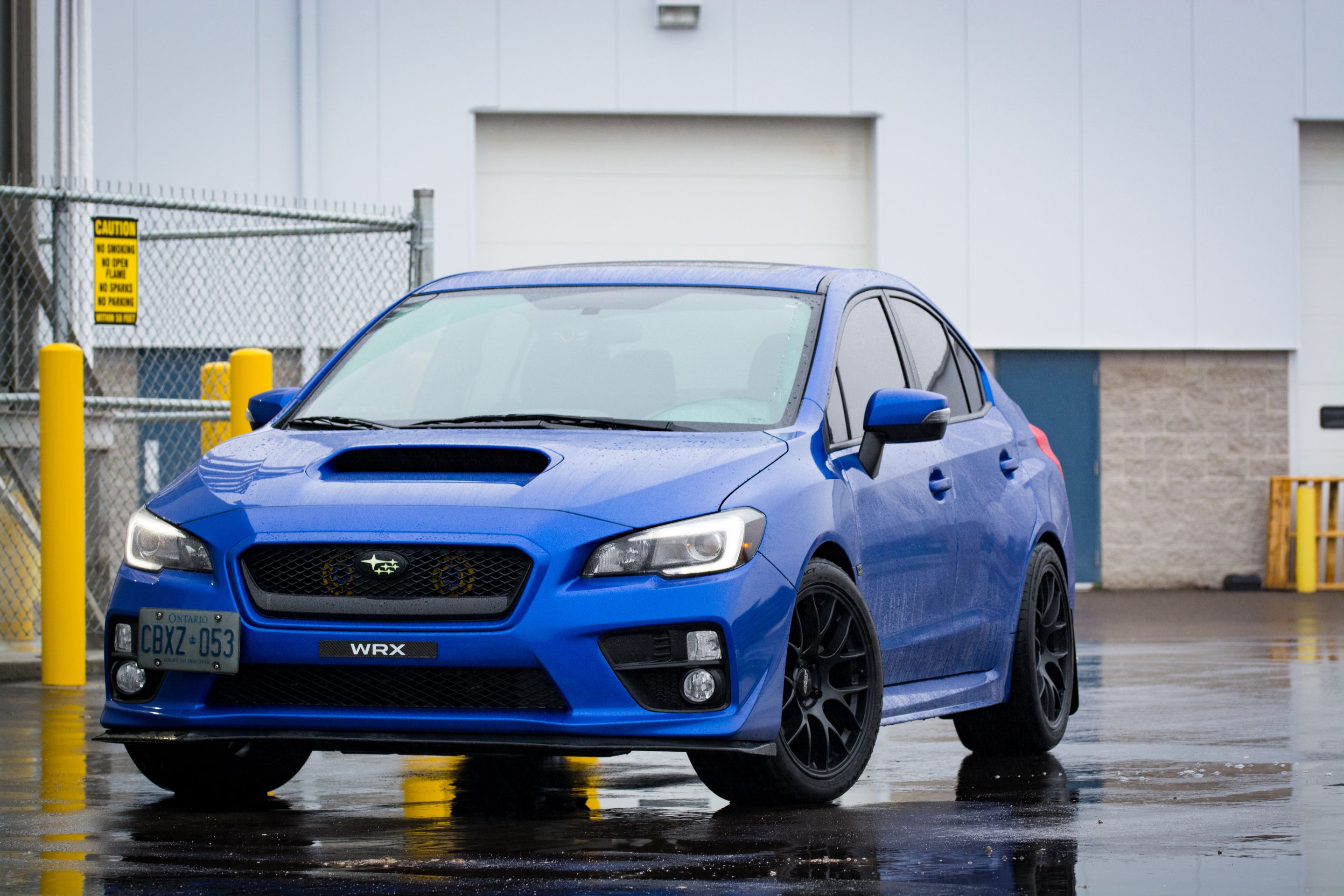 Blue Subaru VA WRX with 18" EC-7 Apex wheels in Satin Black